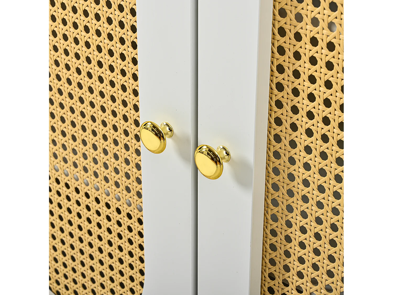 Buffet moderne 140x30x82cm - avec 2 tiroirs et 4 portes - aspect rotin - avec des étagères réglables - blanc + naturel