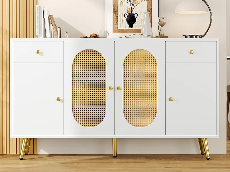 Buffet moderne 140x30x82cm - avec 2 tiroirs et 4 portes - aspect rotin - avec des étagères réglables - blanc + naturel