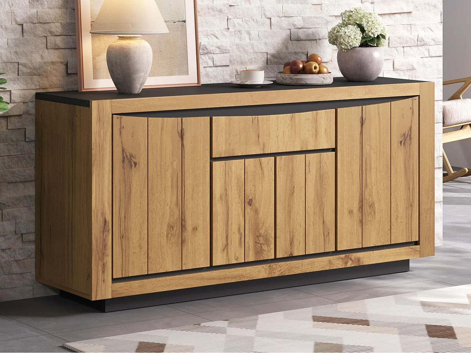 Buffet 140x38,5x52 cm - 4 portes et 1 tiroir - Commode 5 tiroirs - Finition bois - MDF - Naturel + Noir