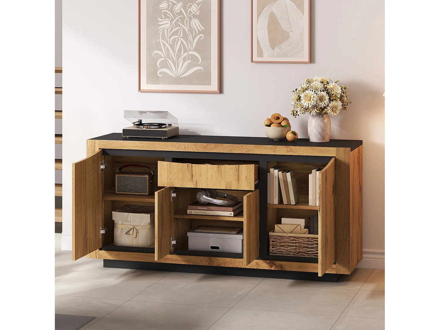 Buffet 140x38,5x52 cm - 4 portes et 1 tiroir - Commode 5 tiroirs - Finition bois - MDF - Naturel + Noir