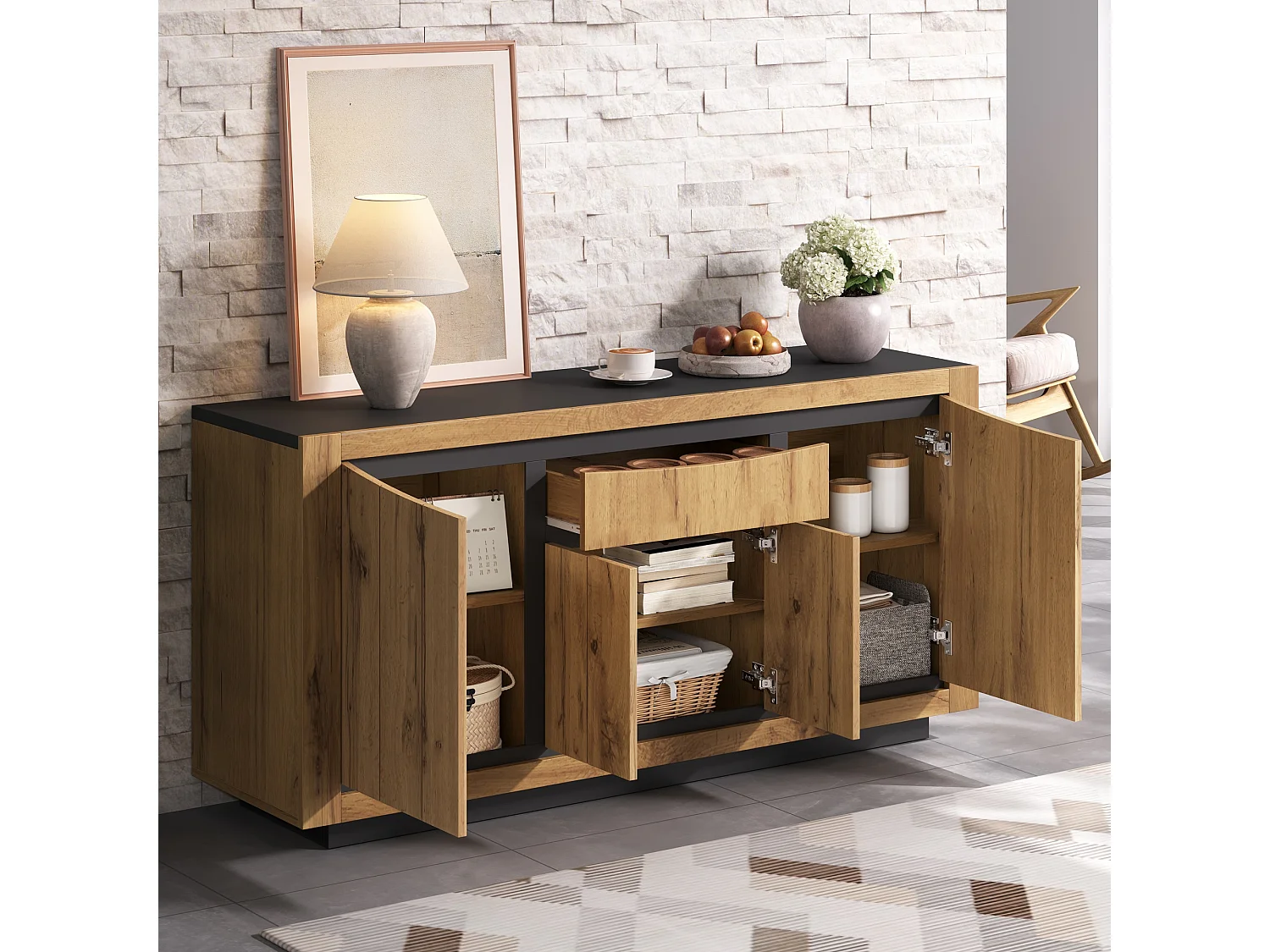 Buffet 140x38,5x52 cm - 4 portes et 1 tiroir - Commode 5 tiroirs - Finition bois - MDF - Naturel + Noir