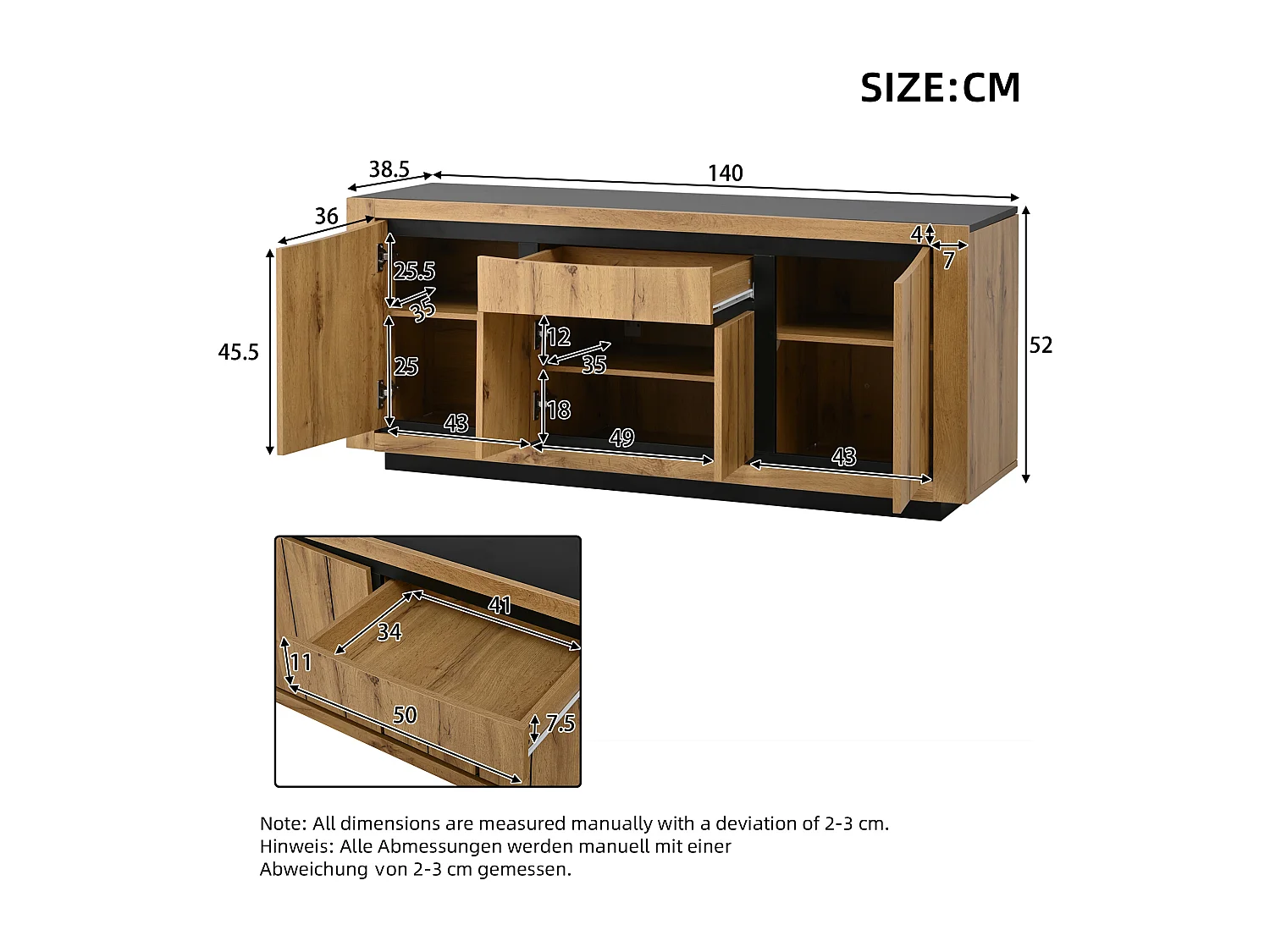 Buffet 140x38,5x52 cm - 4 portes et 1 tiroir - Commode 5 tiroirs - Finition bois - MDF - Naturel + Noir
