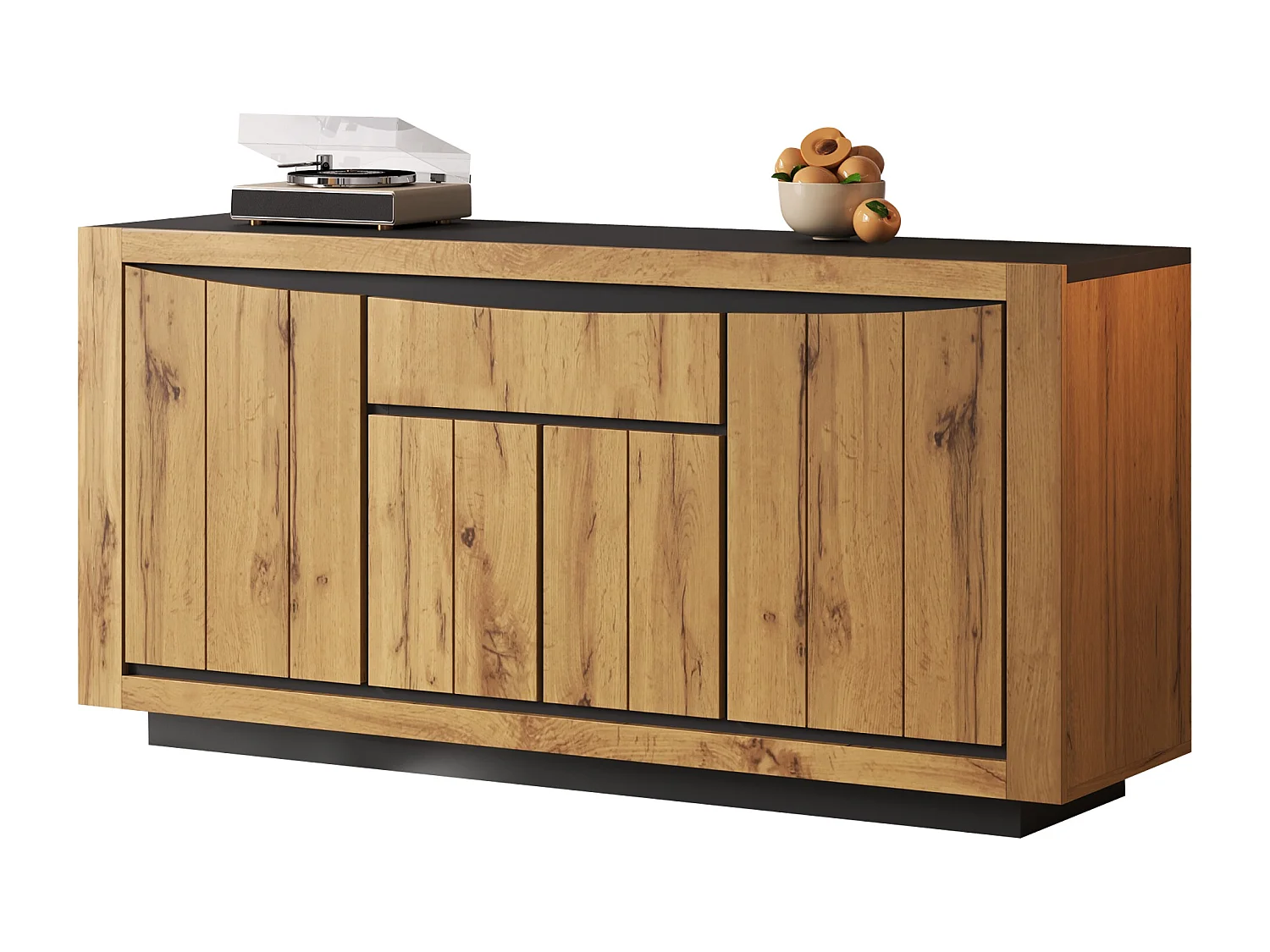 Buffet 140x38,5x52 cm - 4 portes et 1 tiroir - Commode 5 tiroirs - Finition bois - MDF - Naturel + Noir