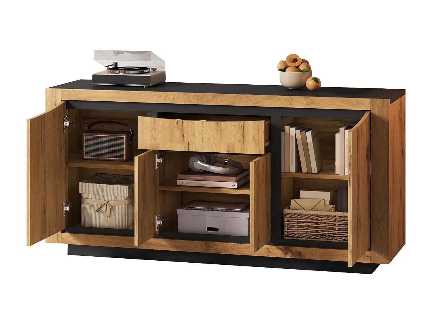 Buffet 140x38,5x52 cm - 4 portes et 1 tiroir - Commode 5 tiroirs - Finition bois - MDF - Naturel + Noir