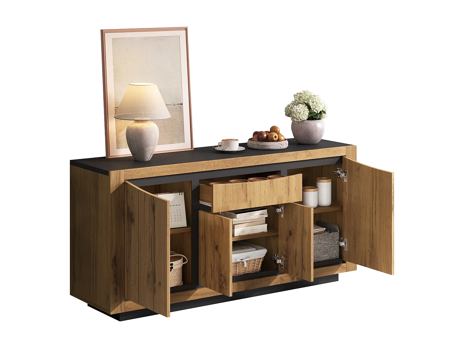 Buffet 140x38,5x52 cm - 4 portes et 1 tiroir - Commode 5 tiroirs - Finition bois - MDF - Naturel + Noir