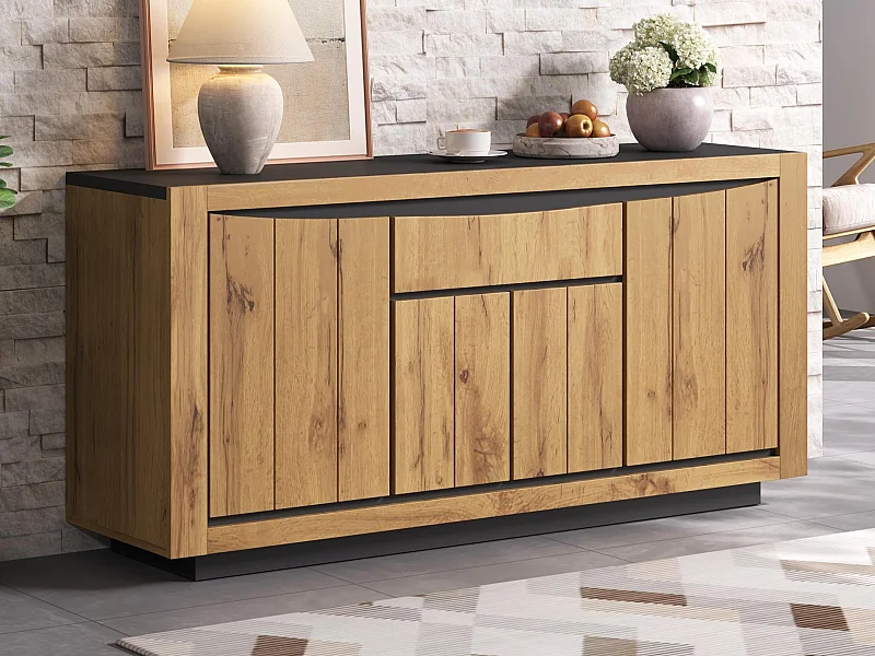 Buffet 140x38,5x52 cm - 4 portes et 1 tiroir - Commode 5 tiroirs - Finition bois - MDF - Naturel + Noir