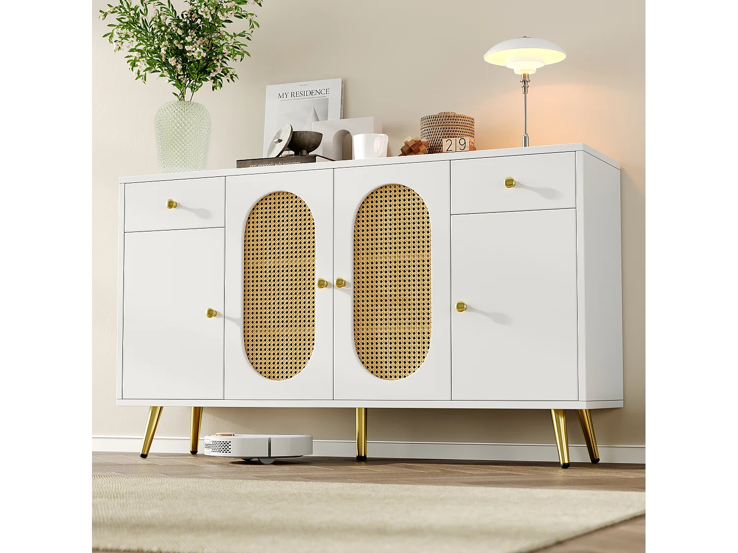 Buffet avec 2 tiroirs + 4 portes - 140 x 35 x 82 cm - étagères réglables - pour salon et cuisine - aggloméré - blanc + naturel