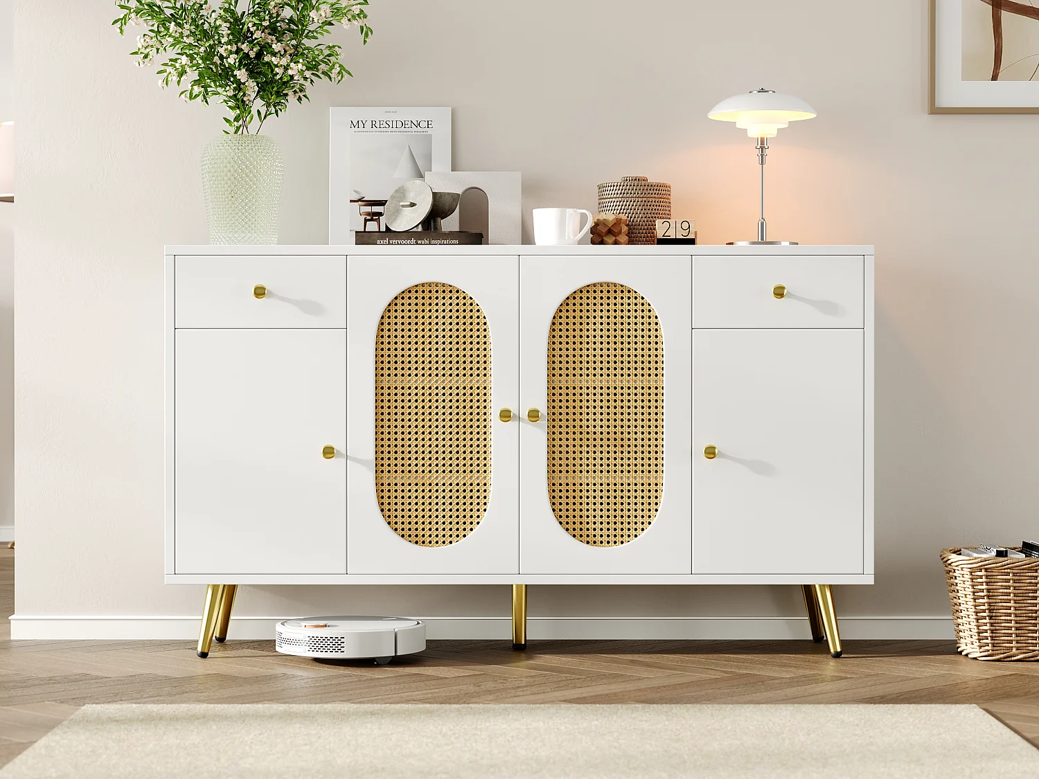 Buffet avec 2 tiroirs + 4 portes - 140 x 35 x 82 cm - étagères réglables - pour salon et cuisine - aggloméré - blanc + naturel