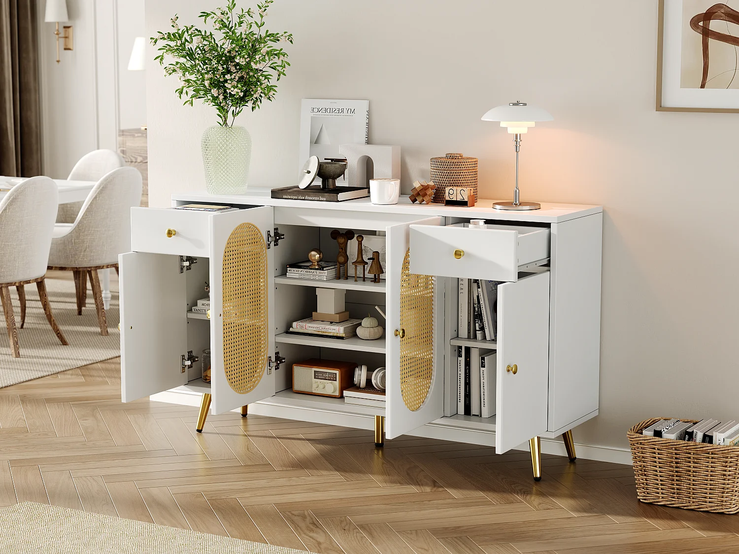 Buffet avec 2 tiroirs + 4 portes - 140 x 35 x 82 cm - étagères réglables - pour salon et cuisine - aggloméré - blanc + naturel