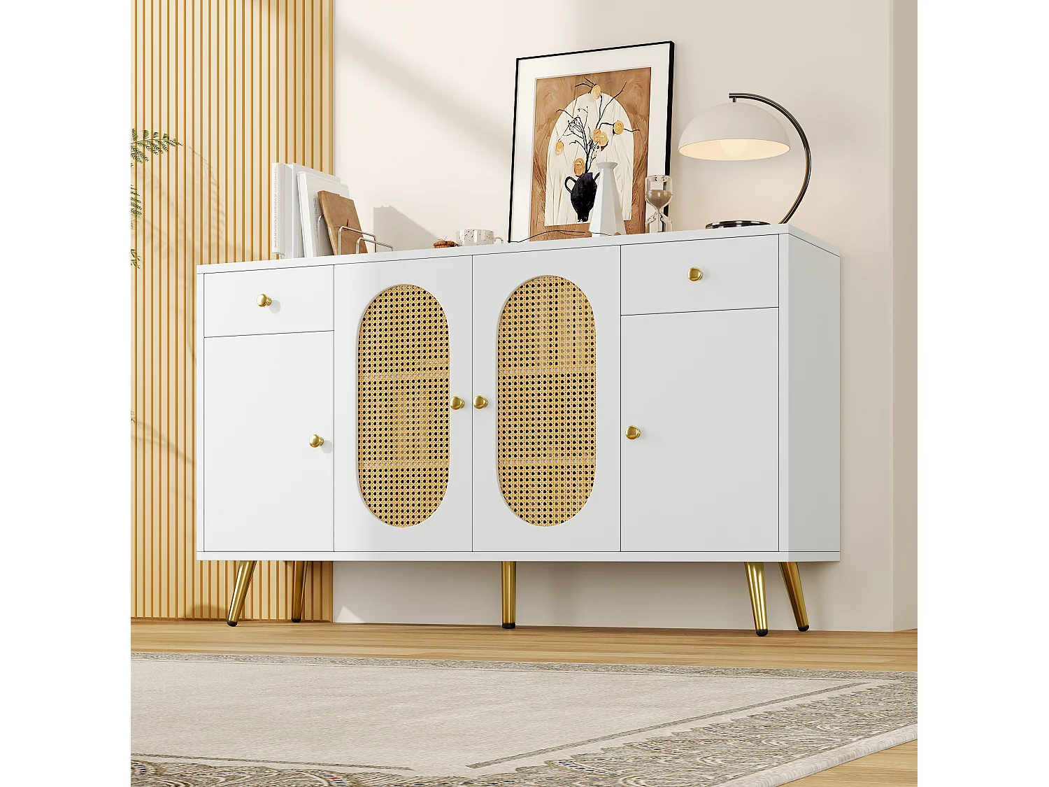 Buffet avec 2 tiroirs + 4 portes - 140 x 35 x 82 cm - étagères réglables - pour salon et cuisine - aggloméré - blanc + naturel