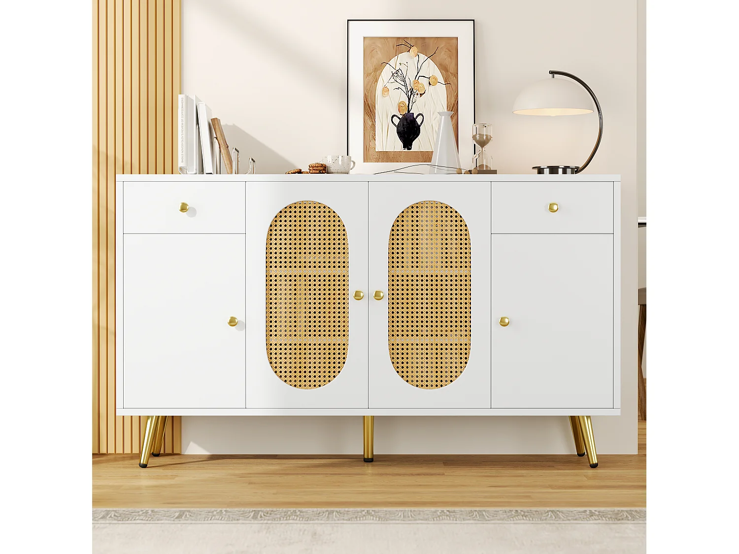 Buffet avec 2 tiroirs + 4 portes - 140 x 35 x 82 cm - étagères réglables - pour salon et cuisine - aggloméré - blanc + naturel