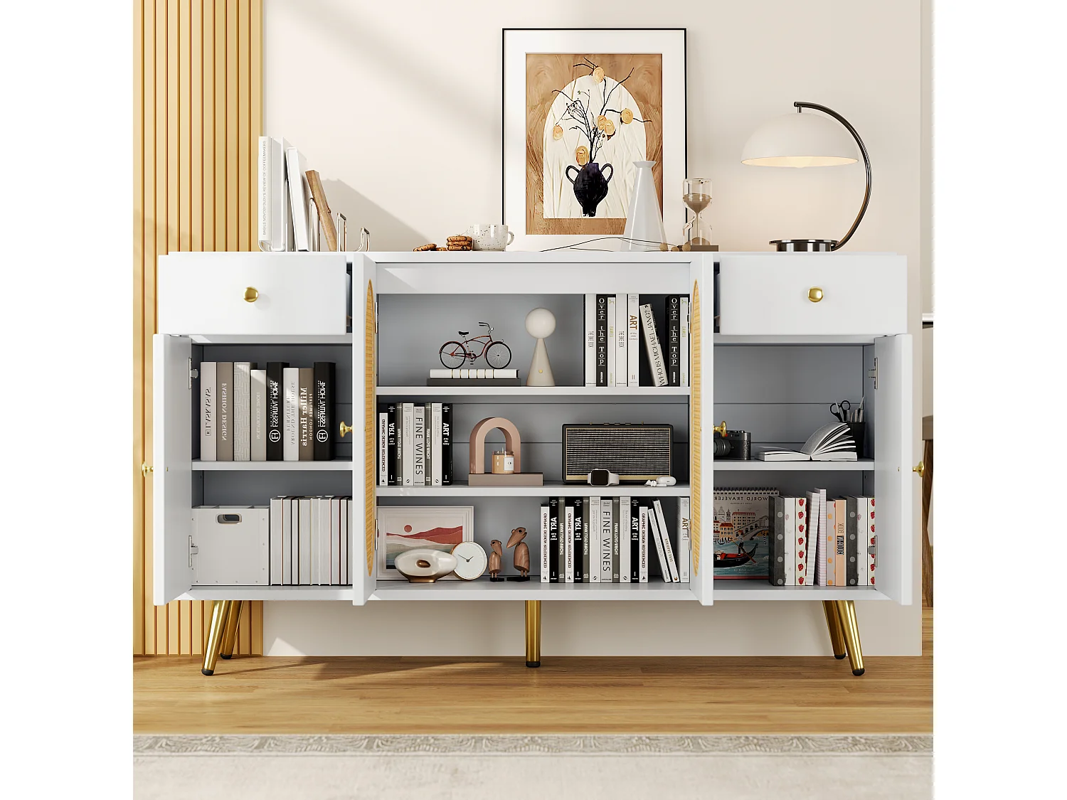 Buffet avec 2 tiroirs + 4 portes - 140 x 35 x 82 cm - étagères réglables - pour salon et cuisine - aggloméré - blanc + naturel