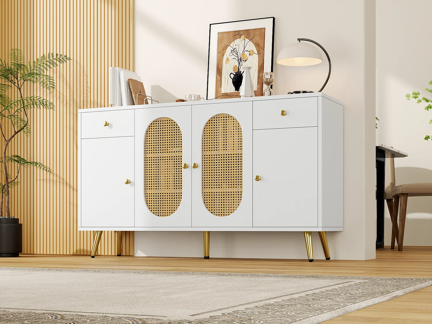 Buffet avec 2 tiroirs + 4 portes - 140 x 35 x 82 cm - étagères réglables - pour salon et cuisine - aggloméré - blanc + naturel