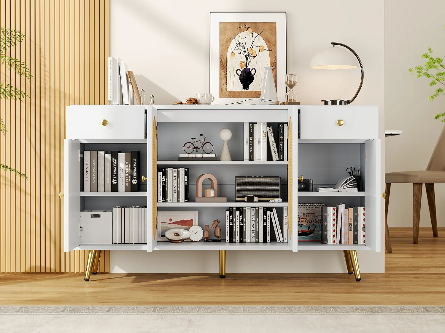 Buffet avec 2 tiroirs + 4 portes - 140 x 35 x 82 cm - étagères réglables - pour salon et cuisine - aggloméré - blanc + naturel