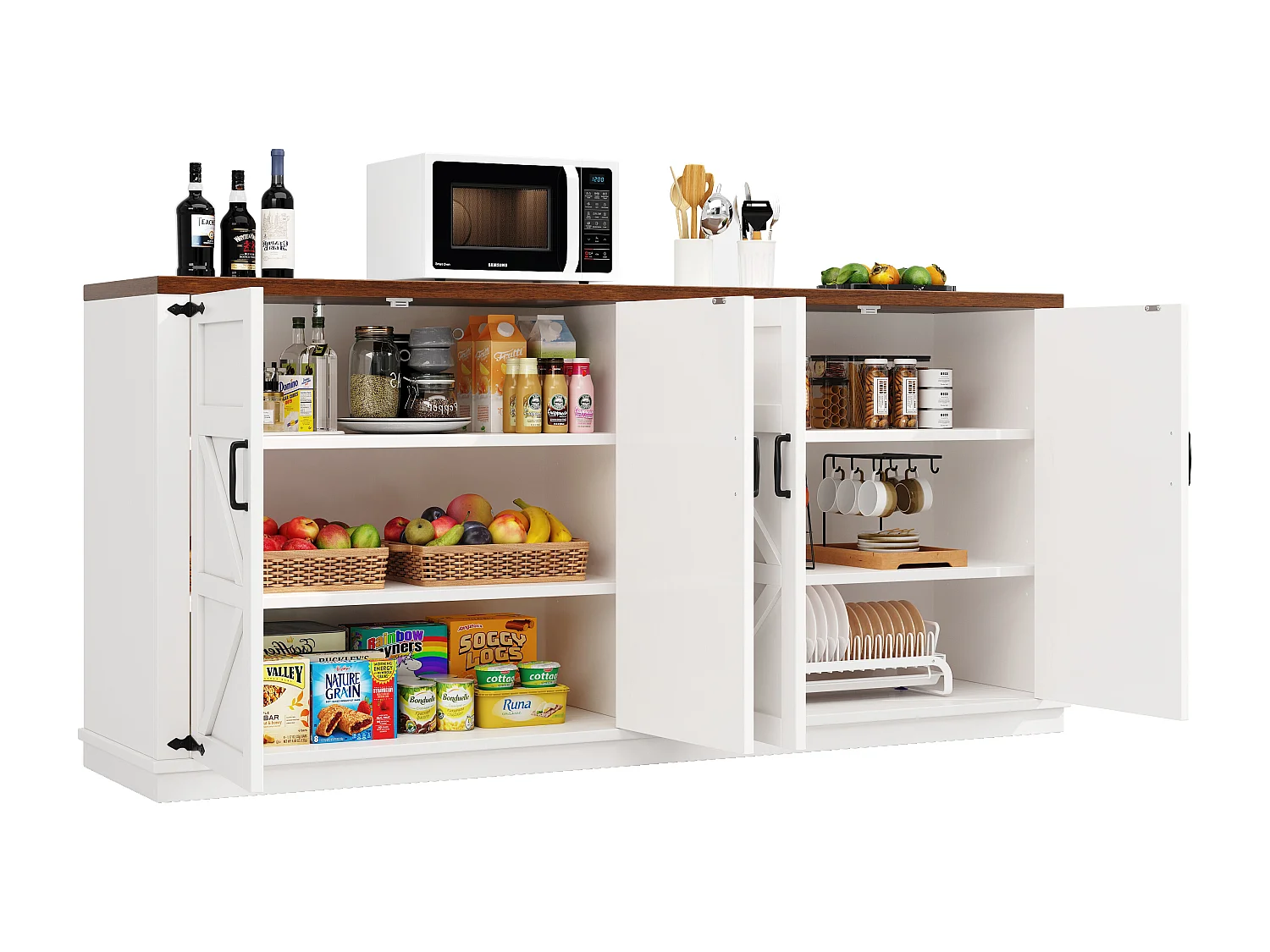 Buffet à 4 portes blanc - Étagère réglable - Plateau en couleur bois foncé