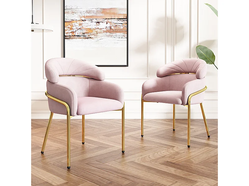 Set van 2 fluwelen make-upstoelen - 56,9 x 54,5 x 79 cm - voor woonkamer en slaapkamer - 4 metalen poten - roze