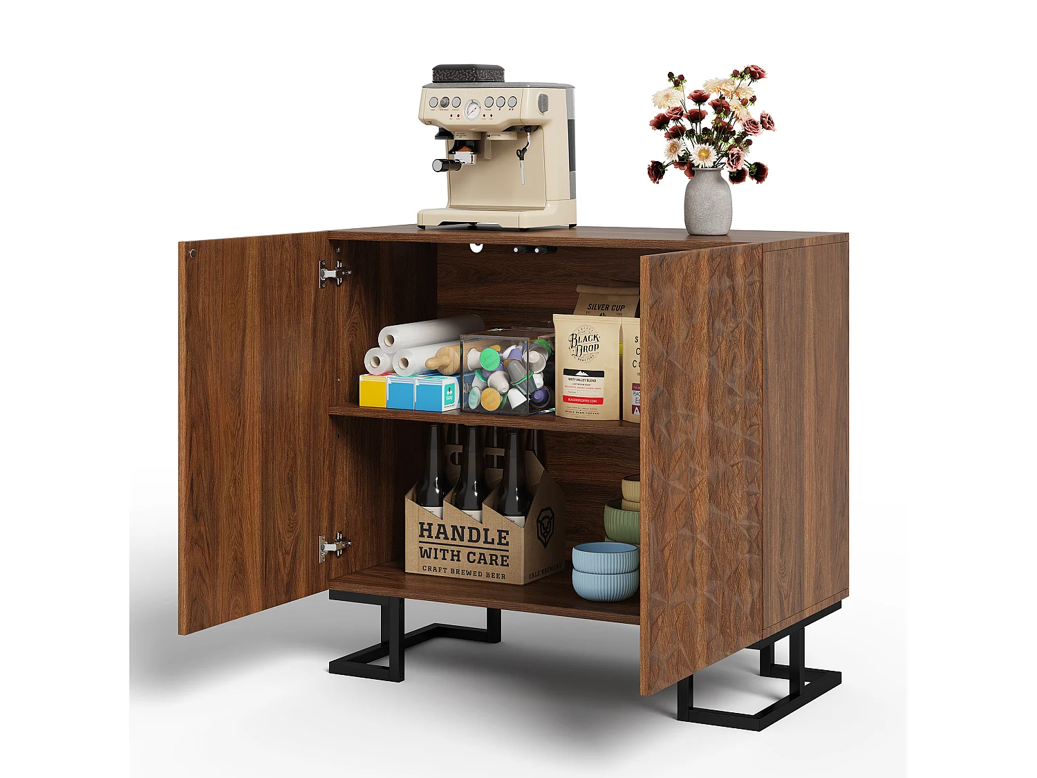 Buffet avec 2 portes - Relief de feuilles - Pieds en métal - Marron