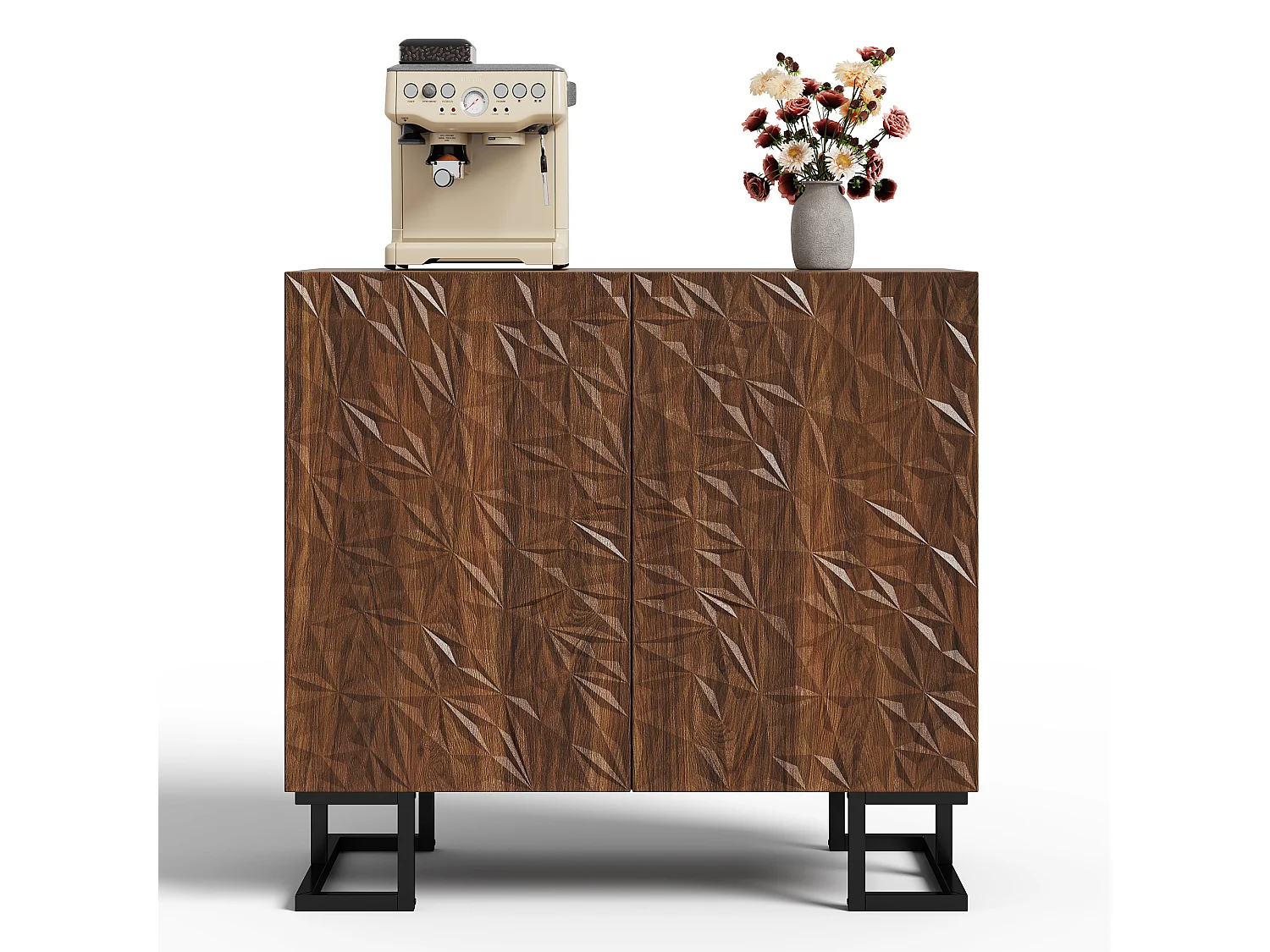 Buffet avec 2 portes - Relief de feuilles - Pieds en métal - Marron