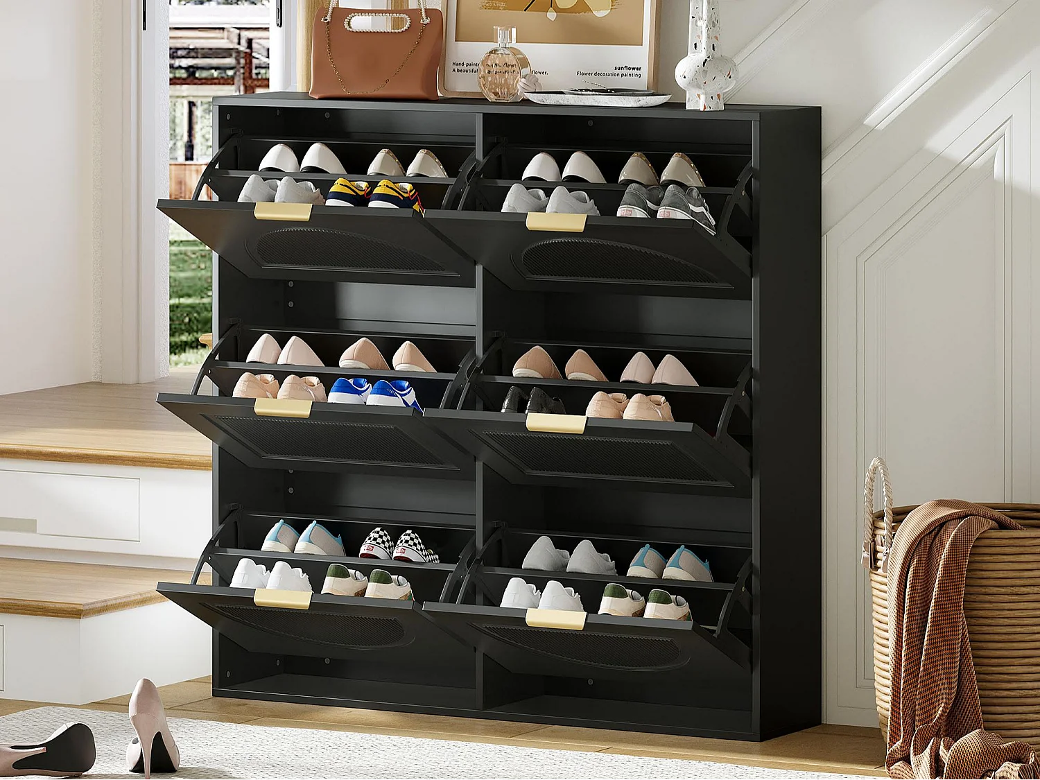 Moderner Schuhschrank 118x25x115cm - 6 Klapptüren - Schwarz