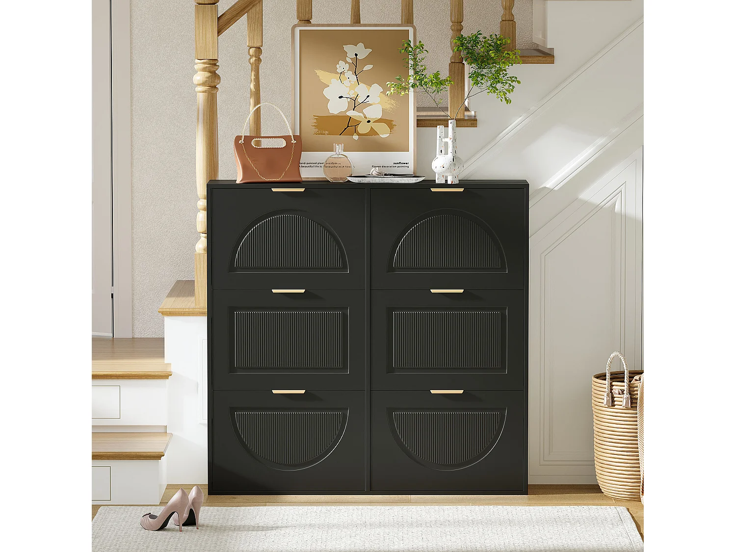 Moderner Schuhschrank 118x25x115cm - 6 Klapptüren - Schwarz