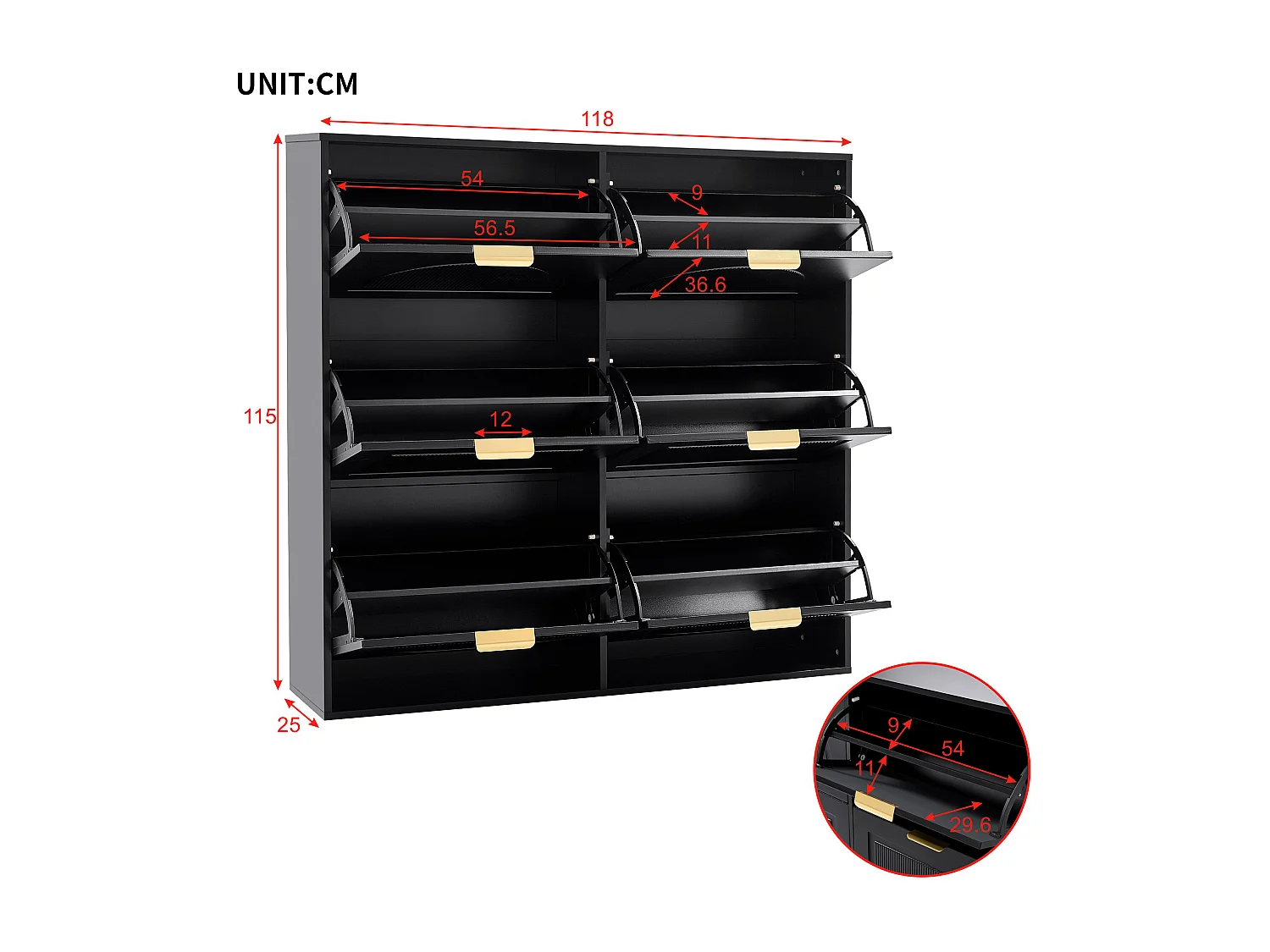 Moderner Schuhschrank 118x25x115cm - 6 Klapptüren - Schwarz