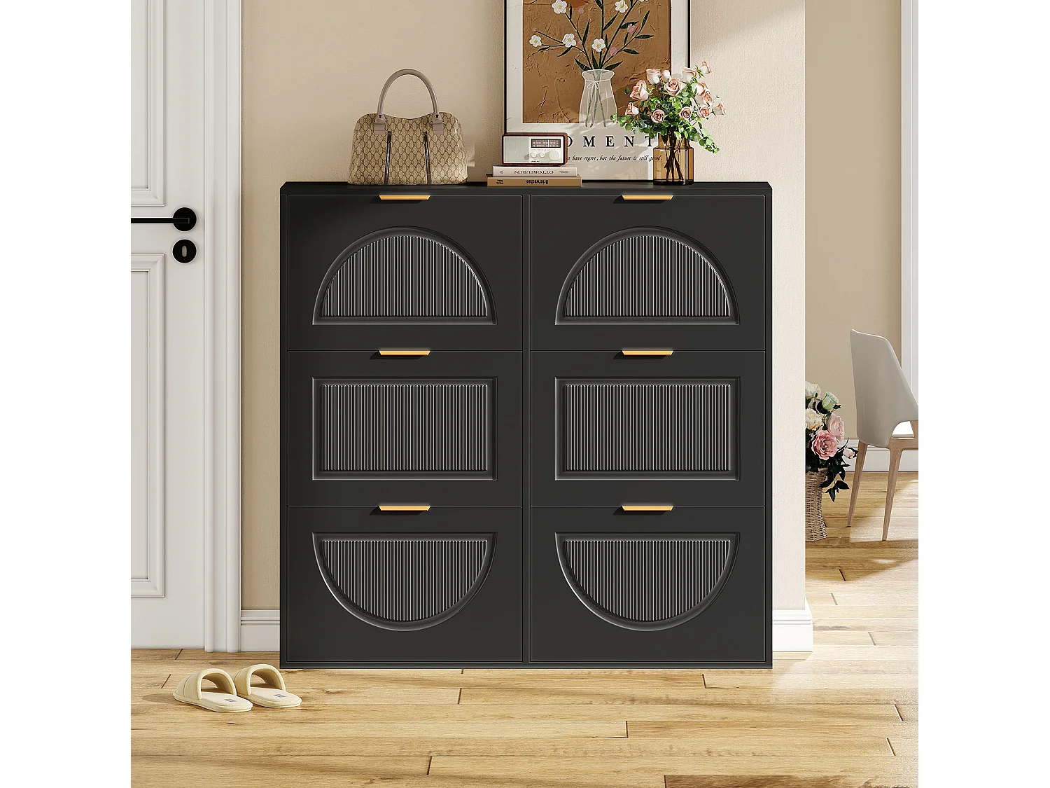 Moderner Schuhschrank 118x25x115cm - 6 Klapptüren - Schwarz