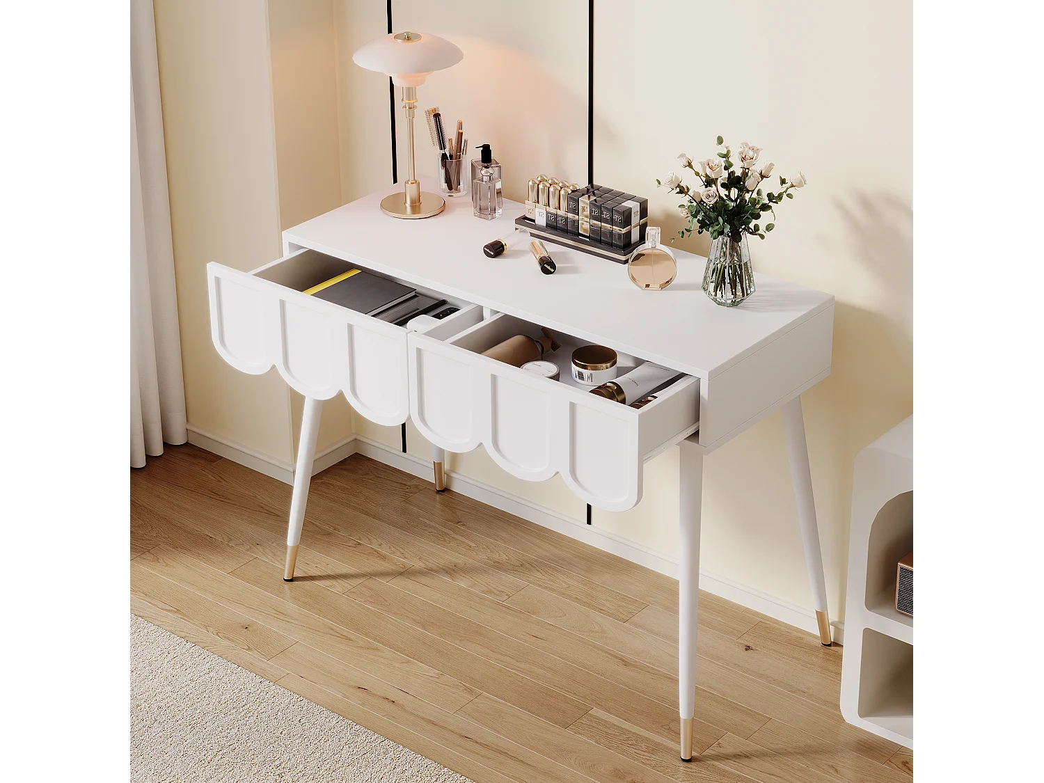 Coiffeuse moderne avec 2 tiroirs - 100 x 40 x 76 cm -  pieds en métal - MDF + aggloméré - blanc