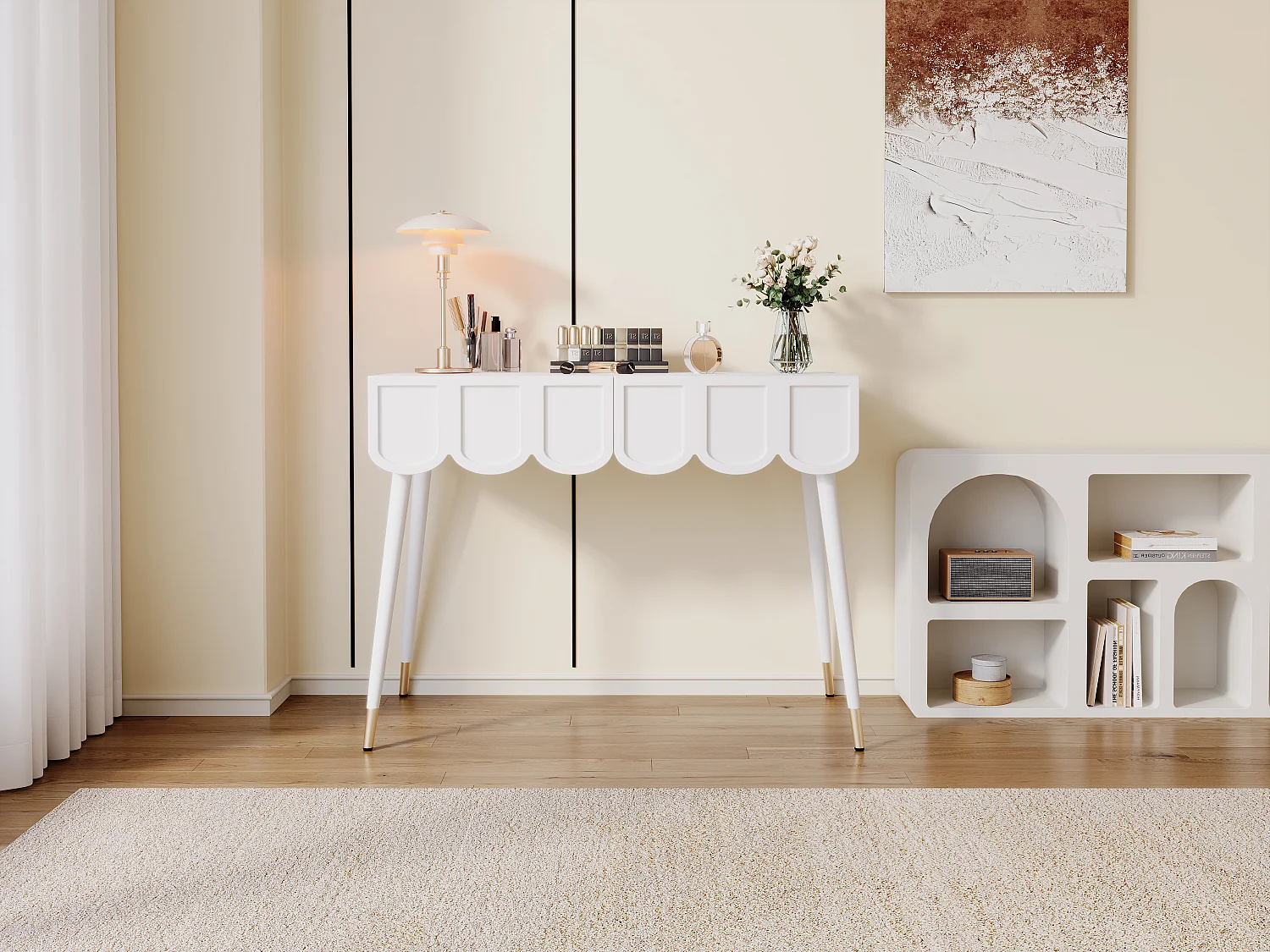 Coiffeuse moderne avec 2 tiroirs - 100 x 40 x 76 cm -  pieds en métal - MDF + aggloméré - blanc