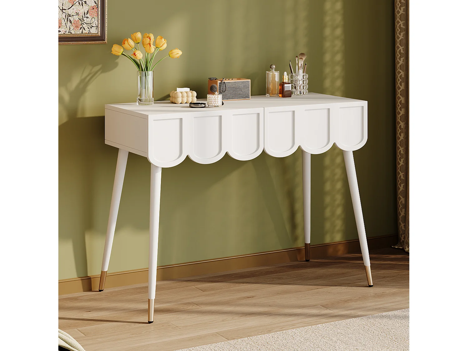 Coiffeuse moderne avec 2 tiroirs - 100 x 40 x 76 cm -  pieds en métal - MDF + aggloméré - blanc