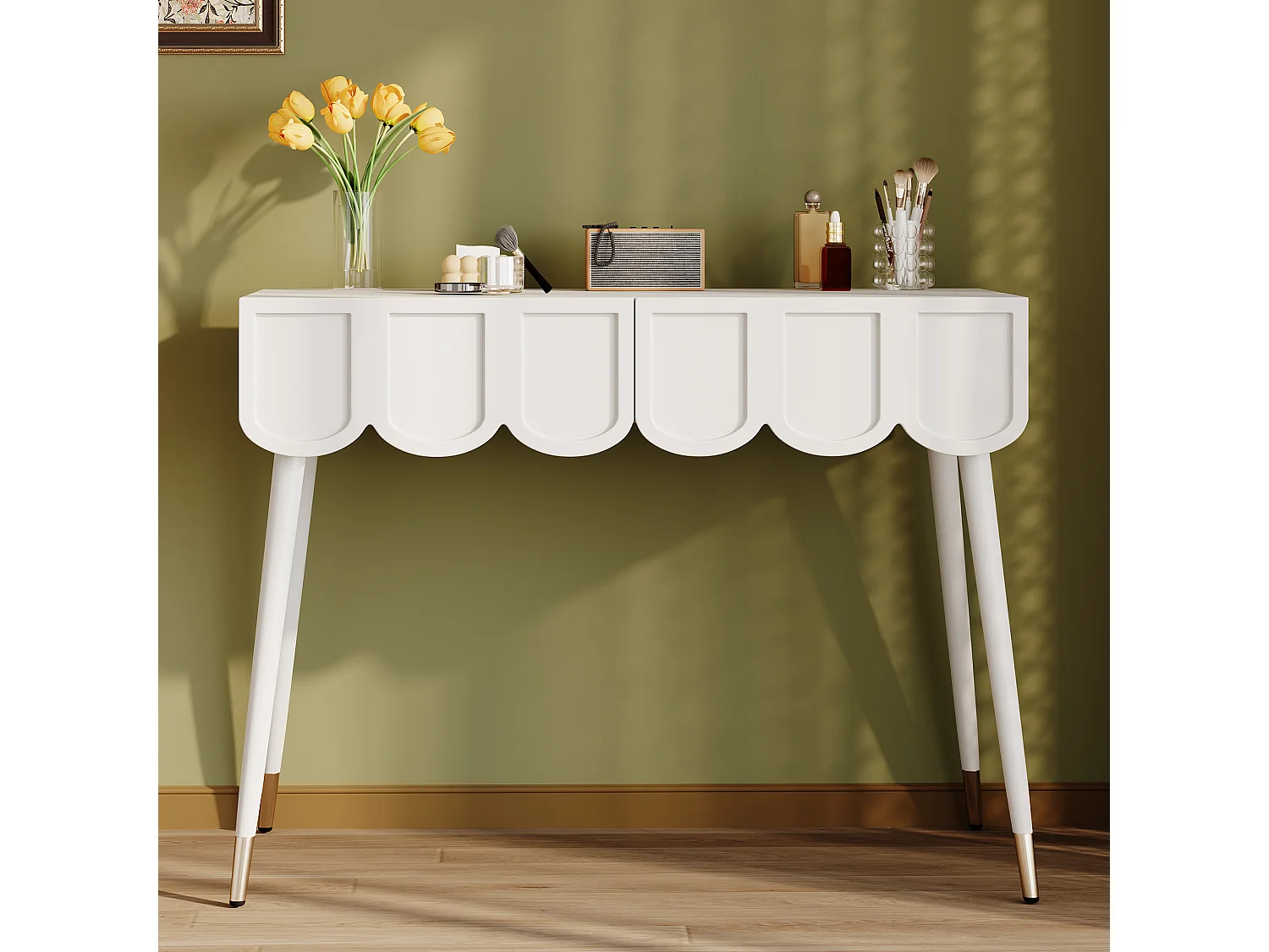 Coiffeuse moderne avec 2 tiroirs - 100 x 40 x 76 cm -  pieds en métal - MDF + aggloméré - blanc