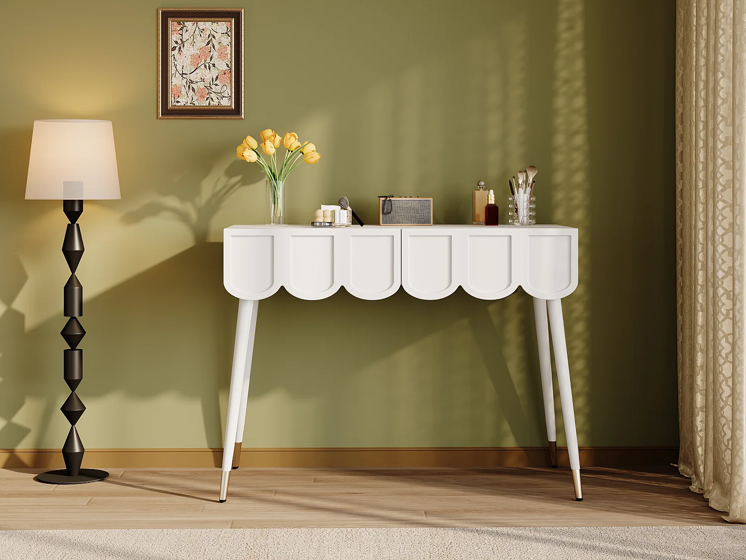 Coiffeuse moderne avec 2 tiroirs - 100 x 40 x 76 cm -  pieds en métal - MDF + aggloméré - blanc