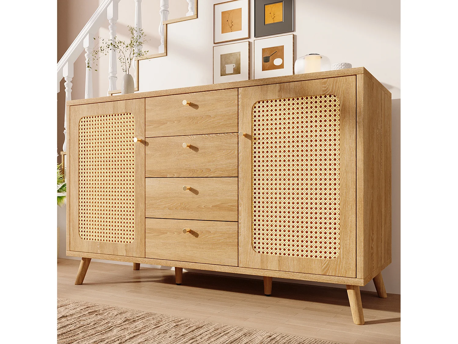 Buffet 140x40x86cm - avec 4 tiroirs et 2 portes - aspect rotin - style campagnard - avec des étagères réglables - couleur chêne clair