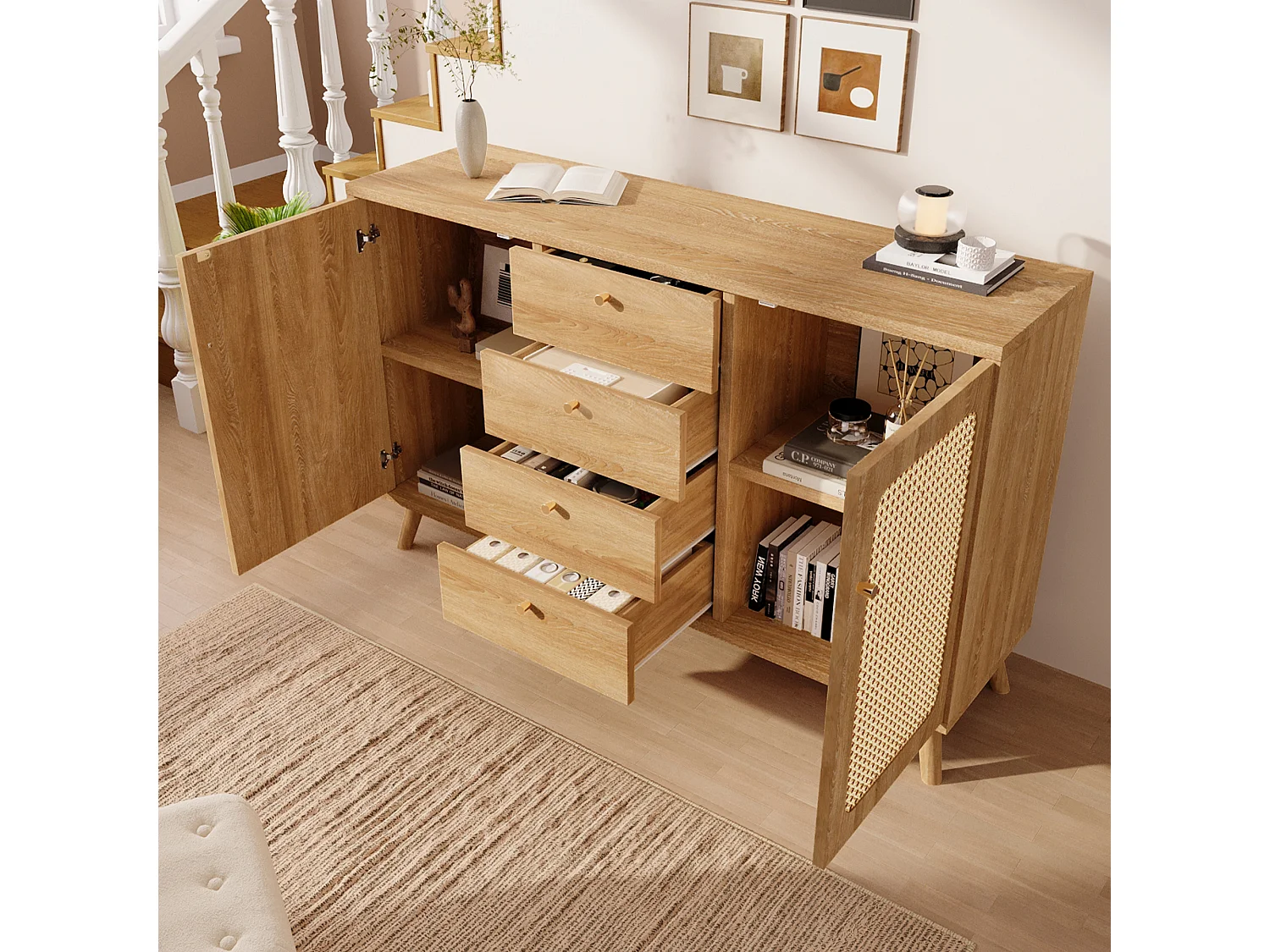 Buffet 140x40x86cm - avec 4 tiroirs et 2 portes - aspect rotin - style campagnard - avec des étagères réglables - couleur chêne clair