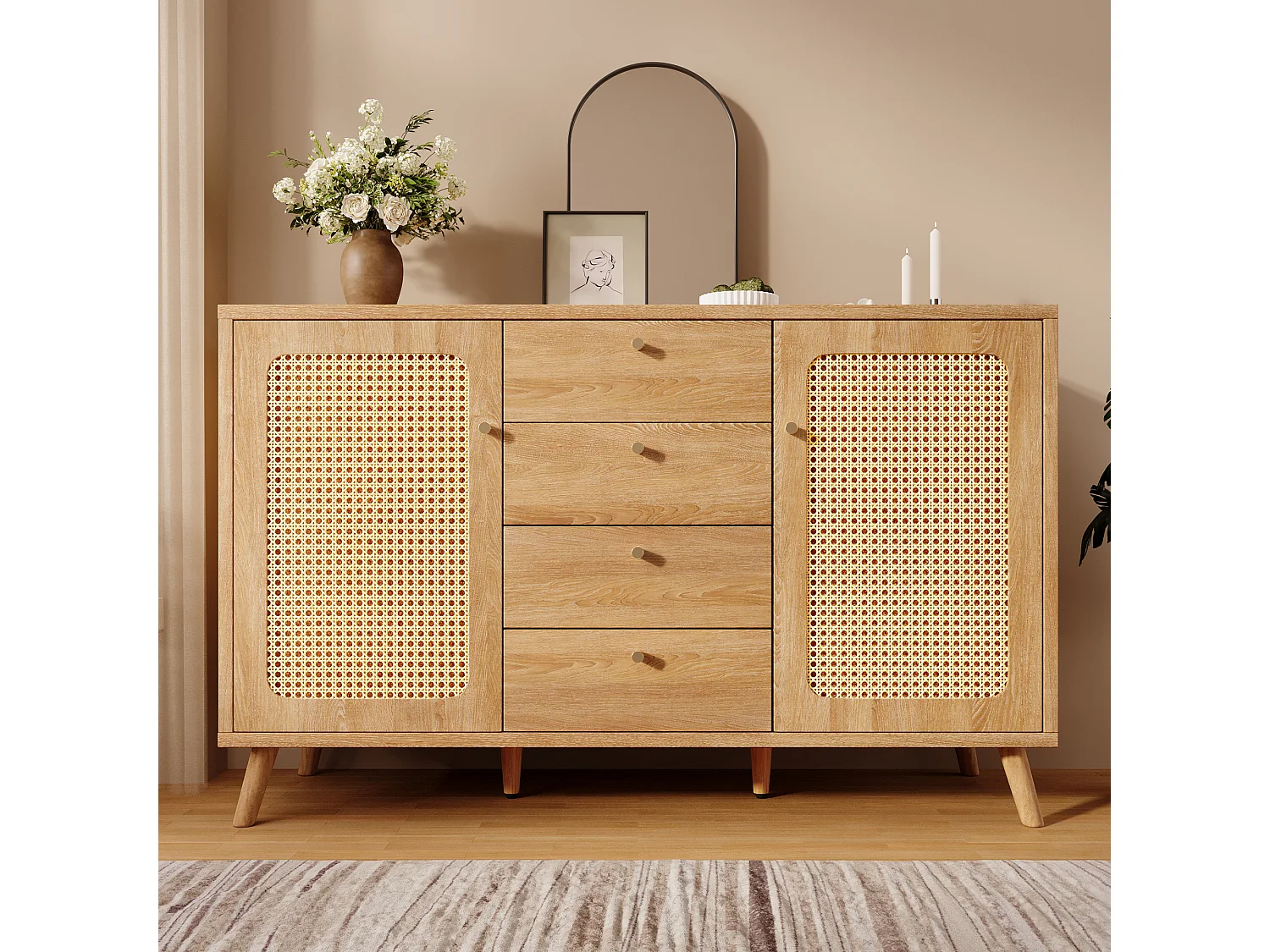 Buffet 140x40x86cm - avec 4 tiroirs et 2 portes - aspect rotin - style campagnard - avec des étagères réglables - couleur chêne clair