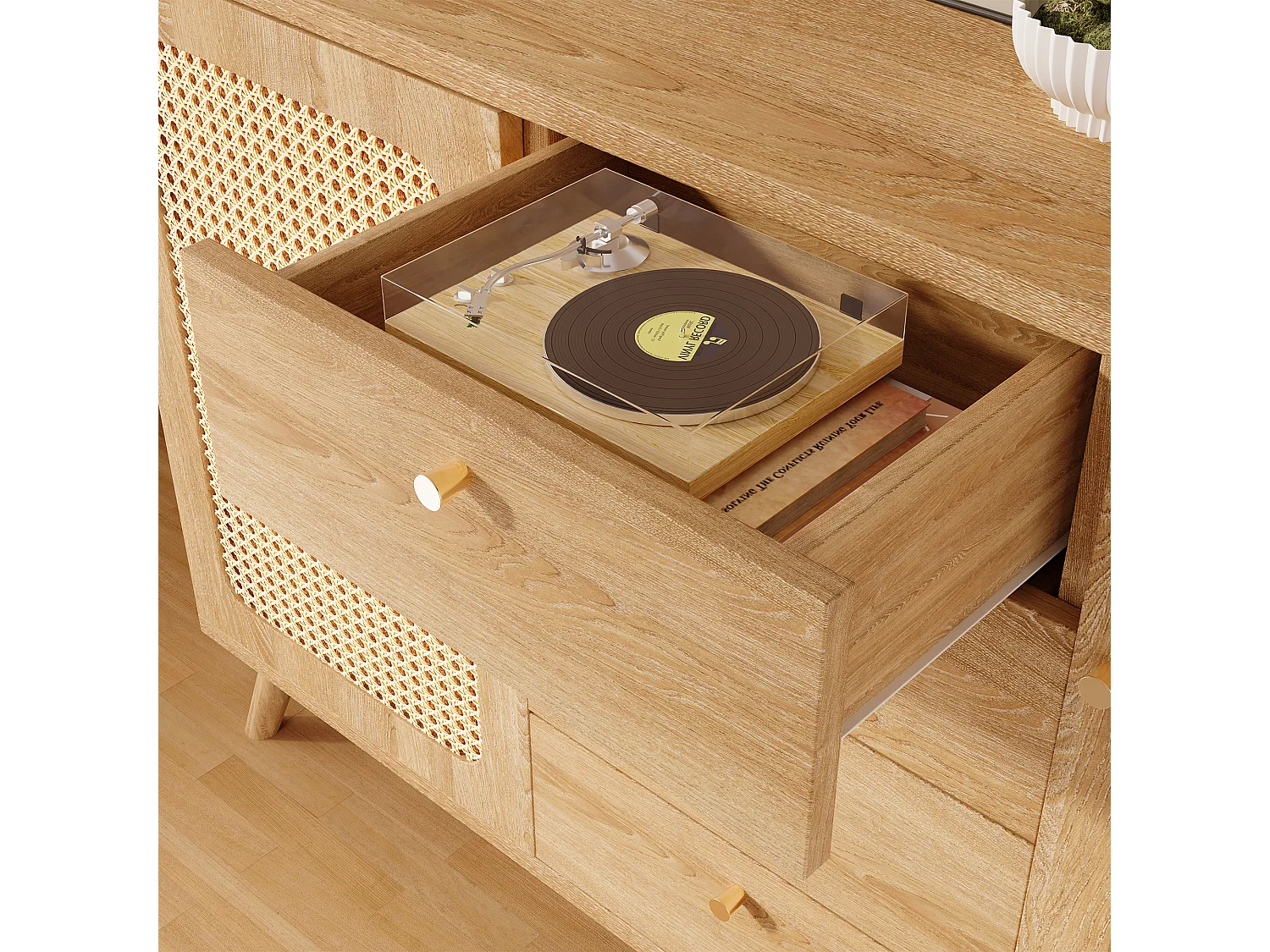 Buffet 140x40x86cm - avec 4 tiroirs et 2 portes - aspect rotin - style campagnard - avec des étagères réglables - couleur chêne clair