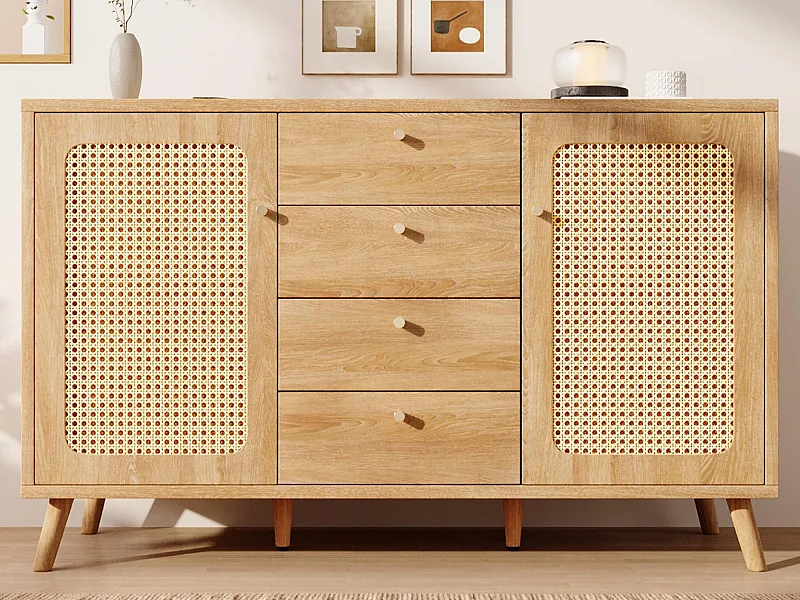 Buffet 140x40x86cm - avec 4 tiroirs et 2 portes - aspect rotin - style campagnard - avec des étagères réglables - couleur chêne clair