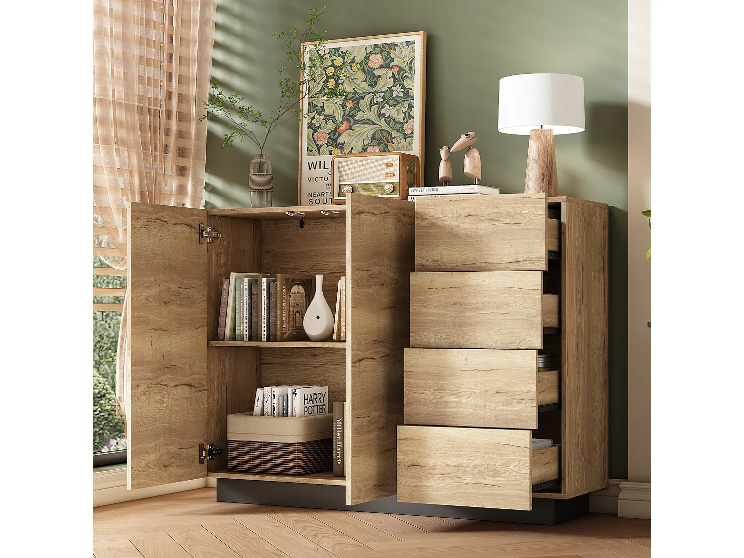 Buffet avec 4 tiroirs + 2 portes - 110 x 35.5 x 90.5 cm - pour salon et cuisine - aggloméré - naturel + noir