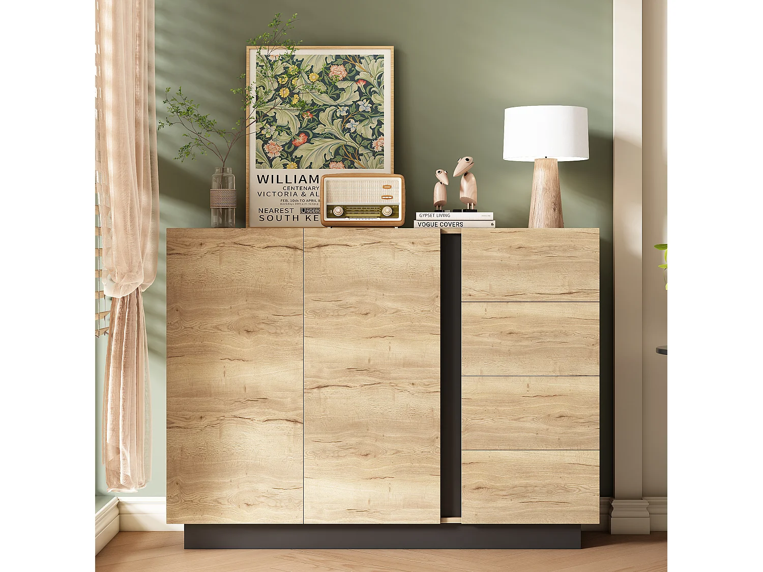 Buffet avec 4 tiroirs + 2 portes - 110 x 35.5 x 90.5 cm - pour salon et cuisine - aggloméré - naturel + noir