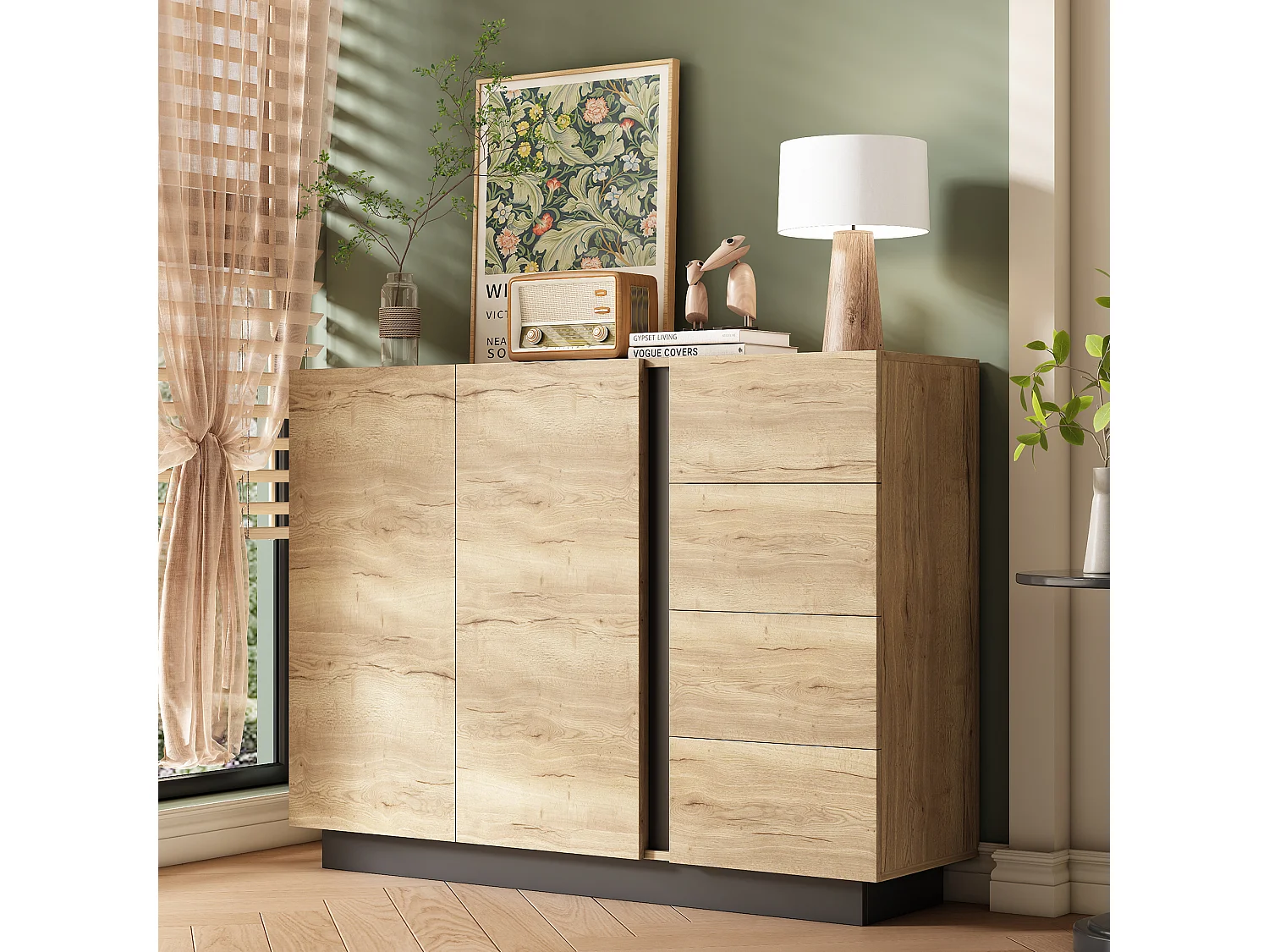 Buffet avec 4 tiroirs + 2 portes - 110 x 35.5 x 90.5 cm - pour salon et cuisine - aggloméré - naturel + noir