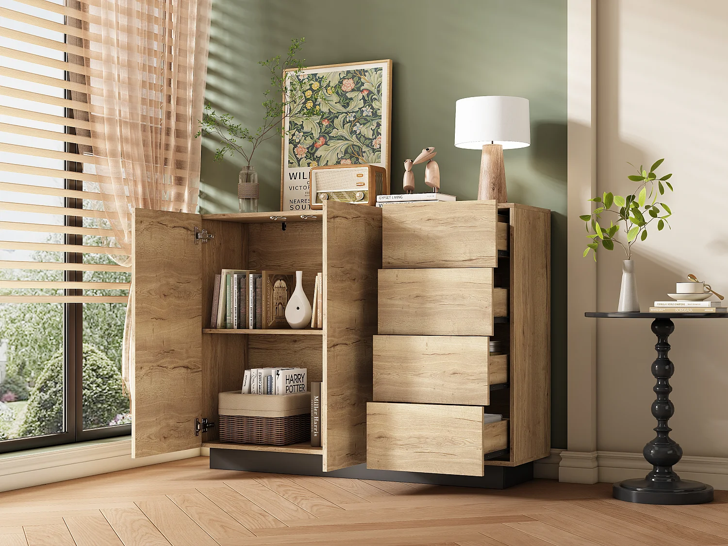 Buffet avec 4 tiroirs + 2 portes - 110 x 35.5 x 90.5 cm - pour salon et cuisine - aggloméré - naturel + noir