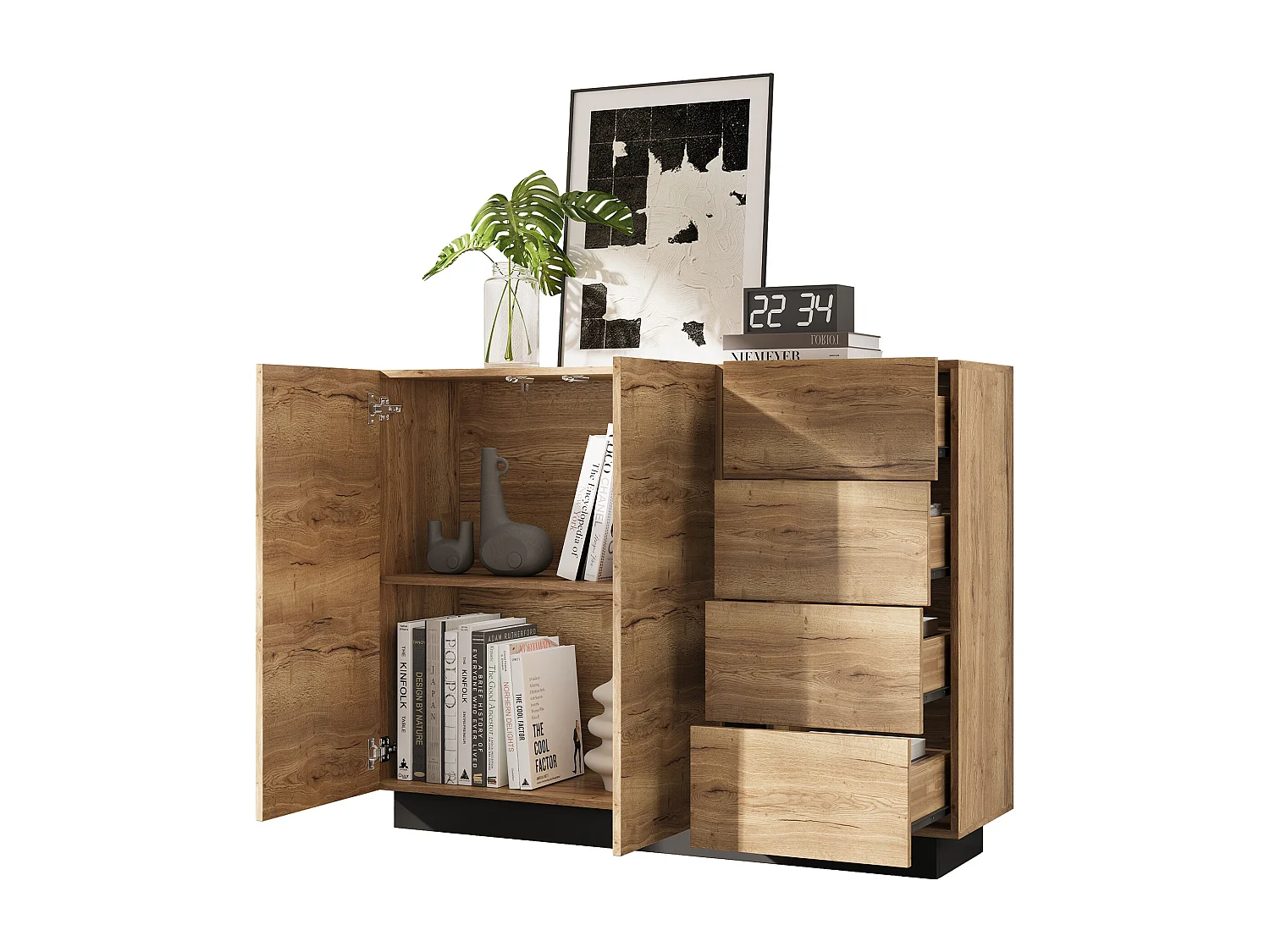 Buffet avec 4 tiroirs + 2 portes - 110 x 35.5 x 90.5 cm - pour salon et cuisine - aggloméré - naturel + noir