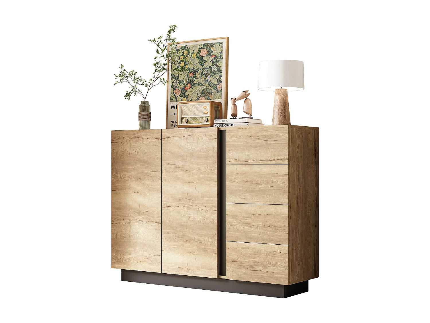 Buffet avec 4 tiroirs + 2 portes - 110 x 35.5 x 90.5 cm - pour salon et cuisine - aggloméré - naturel + noir