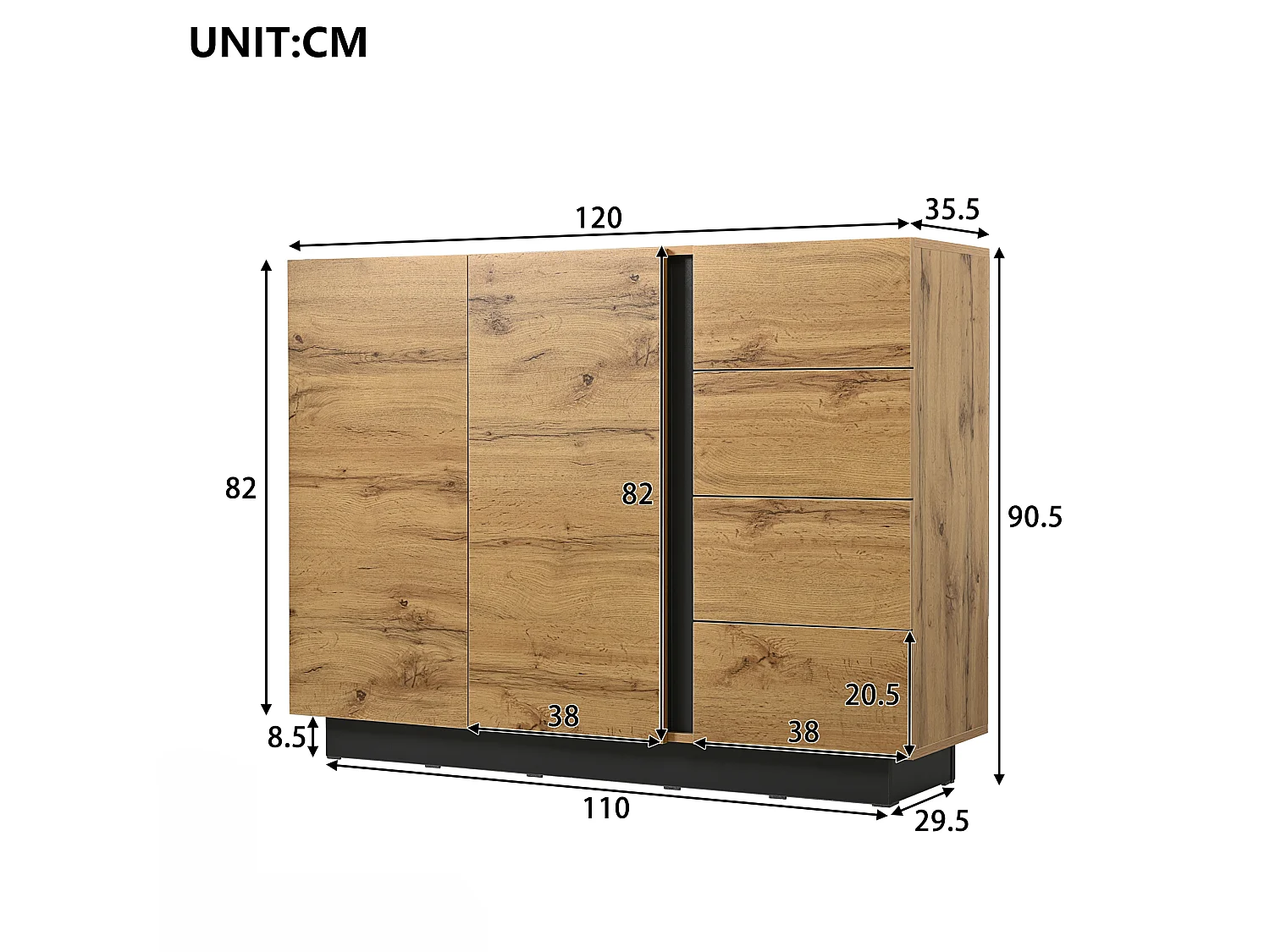 Skænk med 4 skuffer + 2 døre - 120 x 35,5 x 90,5 cm - til stue og køkken - spånplade - natur + sort