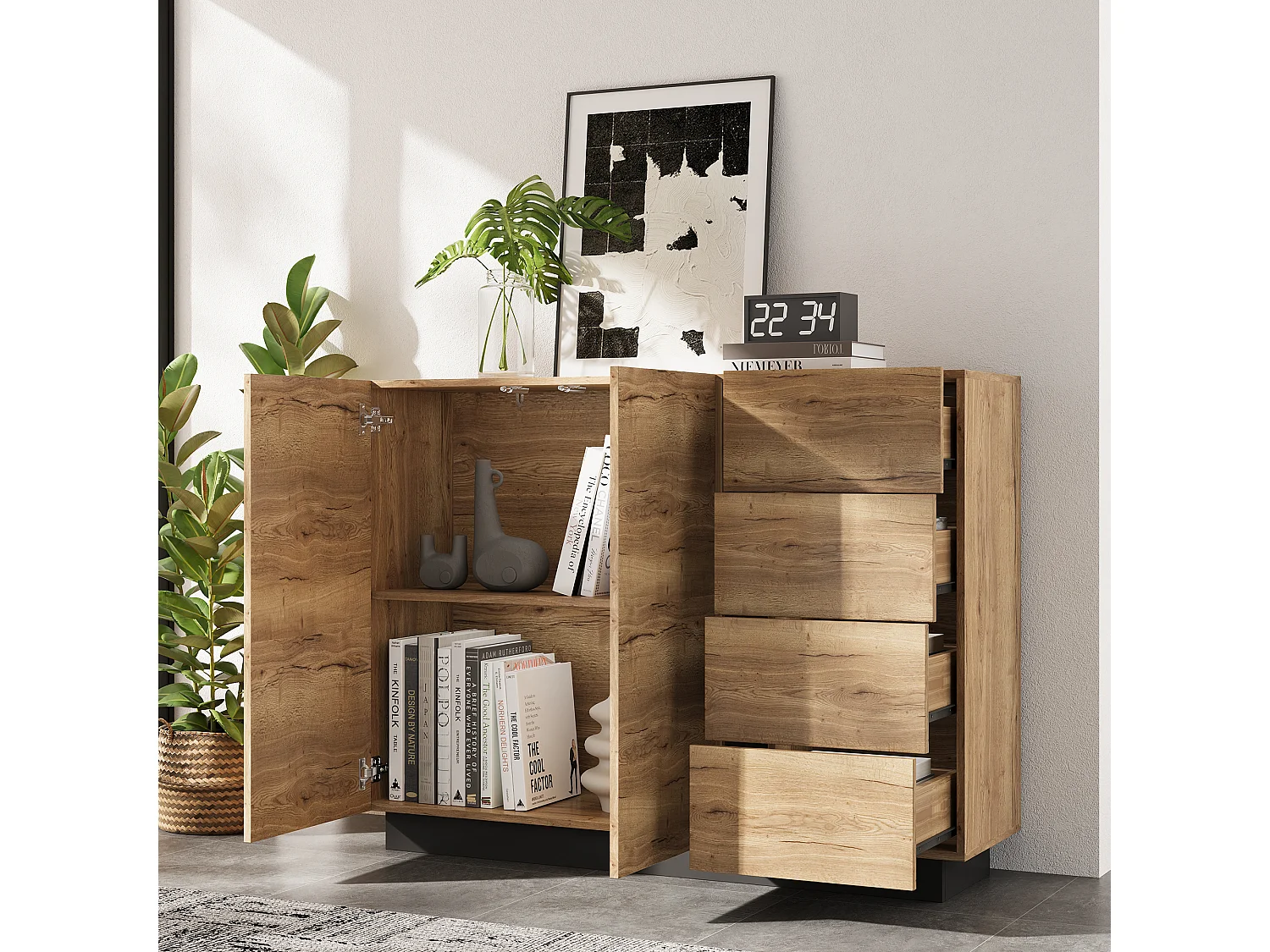 Skænk med 4 skuffer + 2 døre - 120 x 35,5 x 90,5 cm - til stue og køkken - spånplade - natur + sort
