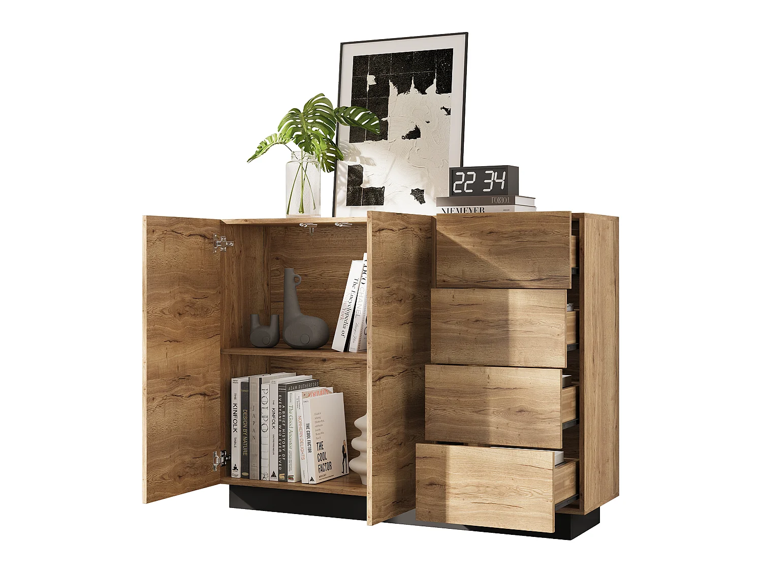 Skænk med 4 skuffer + 2 døre - 120 x 35,5 x 90,5 cm - til stue og køkken - spånplade - natur + sort