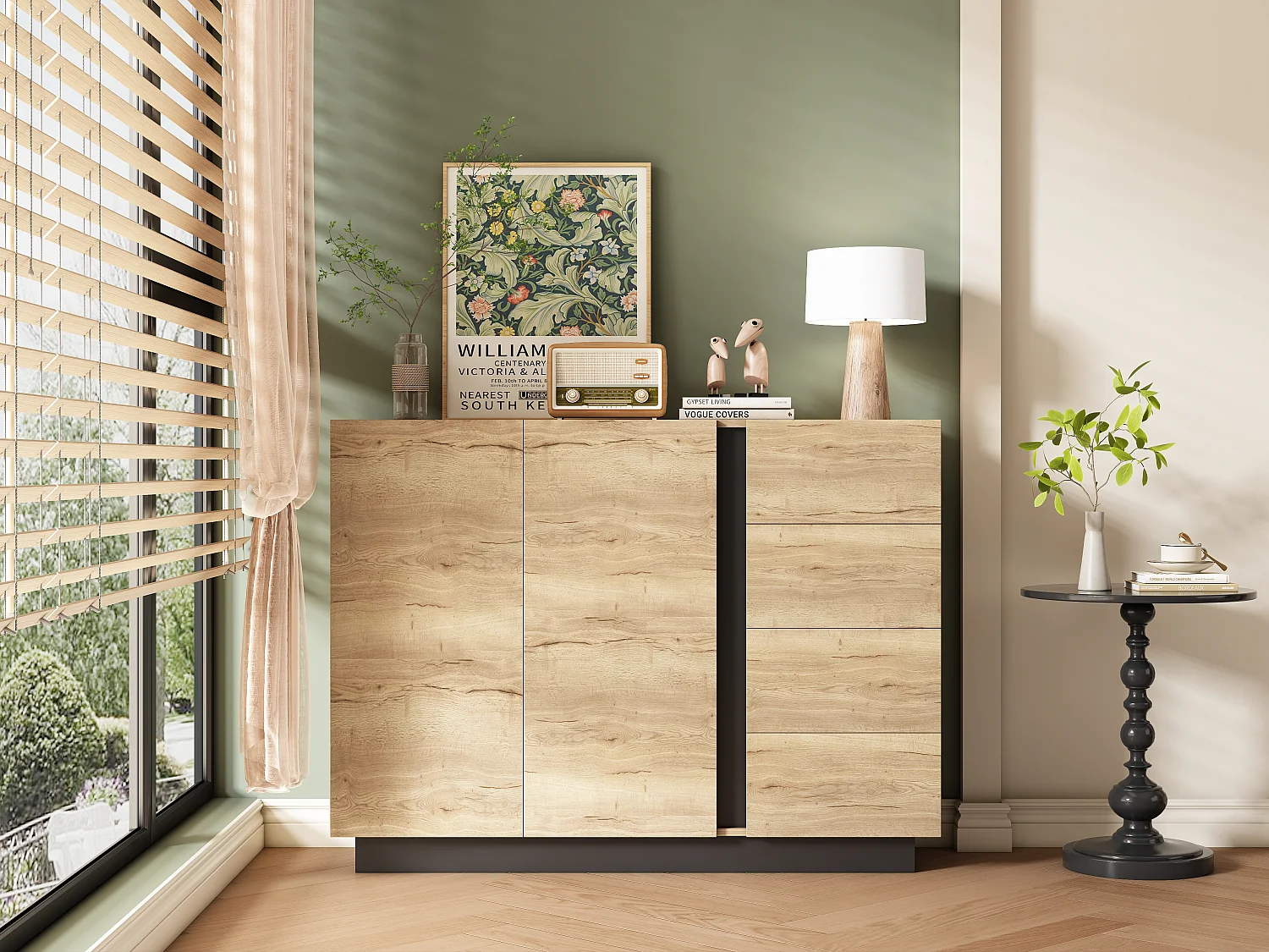 Skænk med 4 skuffer + 2 døre - 120 x 35,5 x 90,5 cm - til stue og køkken - spånplade - natur + sort