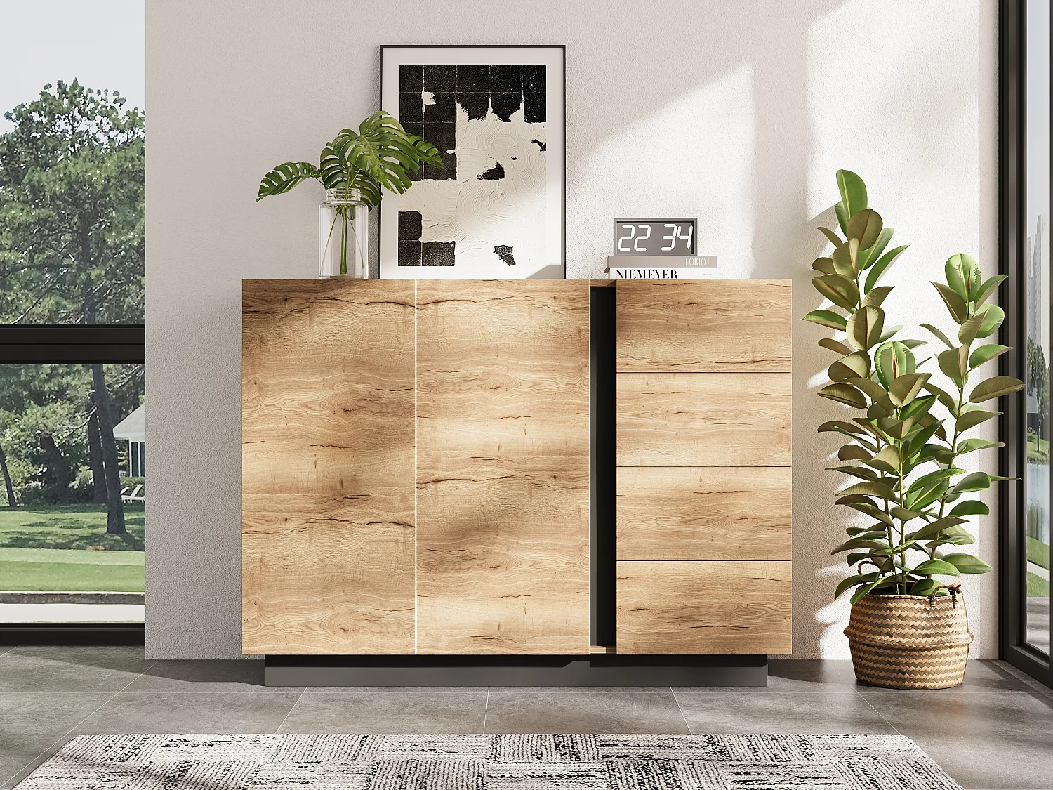 Skænk med 4 skuffer + 2 døre - 120 x 35,5 x 90,5 cm - til stue og køkken - spånplade - natur + sort