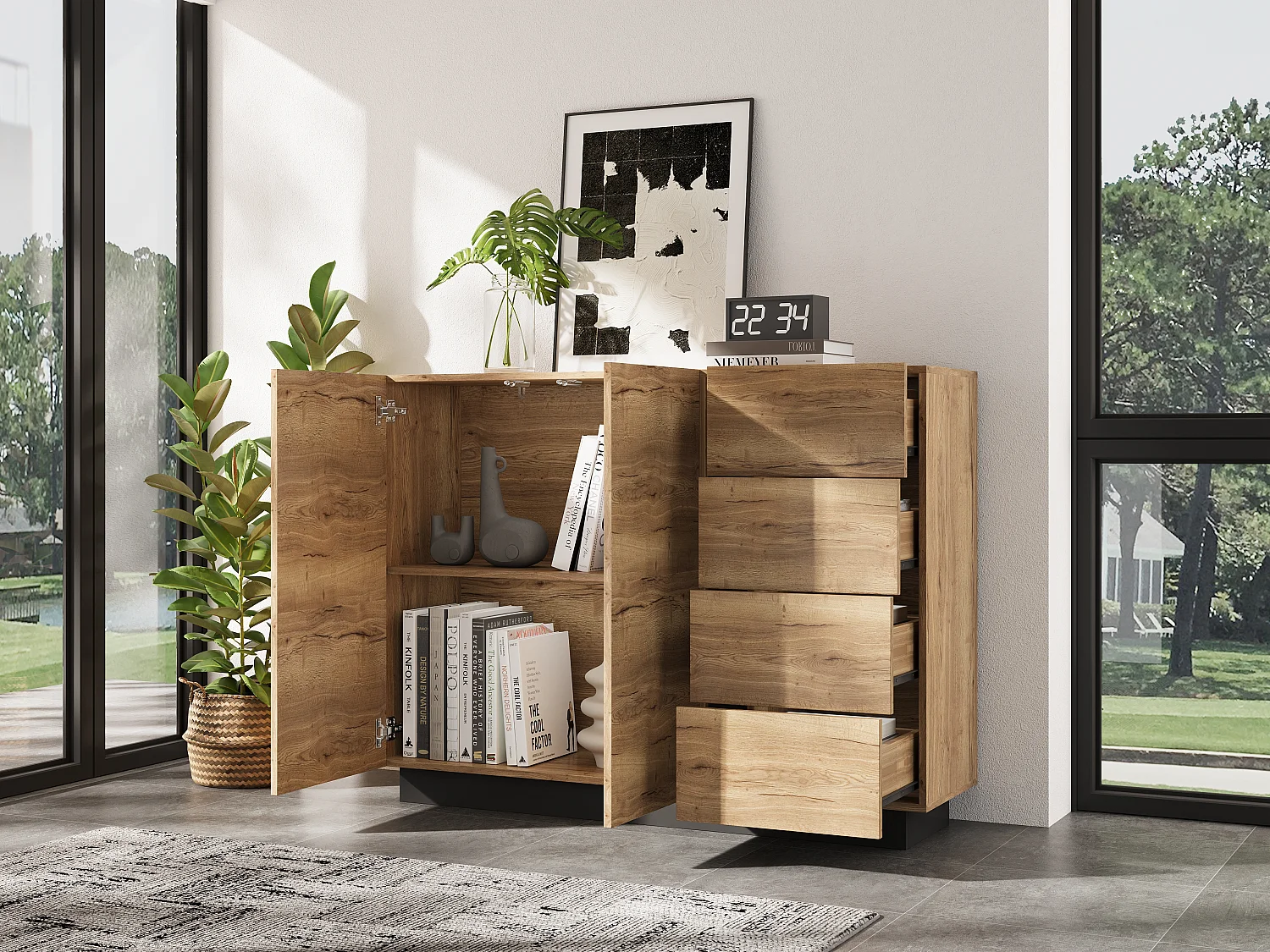 Skænk med 4 skuffer + 2 døre - 120 x 35,5 x 90,5 cm - til stue og køkken - spånplade - natur + sort
