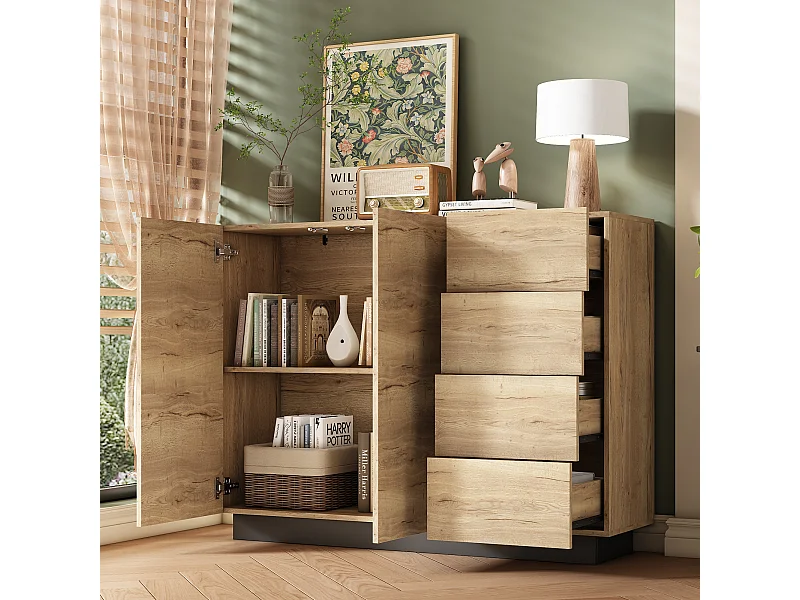 Buffet avec 4 tiroirs + 2 portes - 110 x 35.5 x 90.5 cm - pour salon et cuisine - aggloméré - naturel + noir