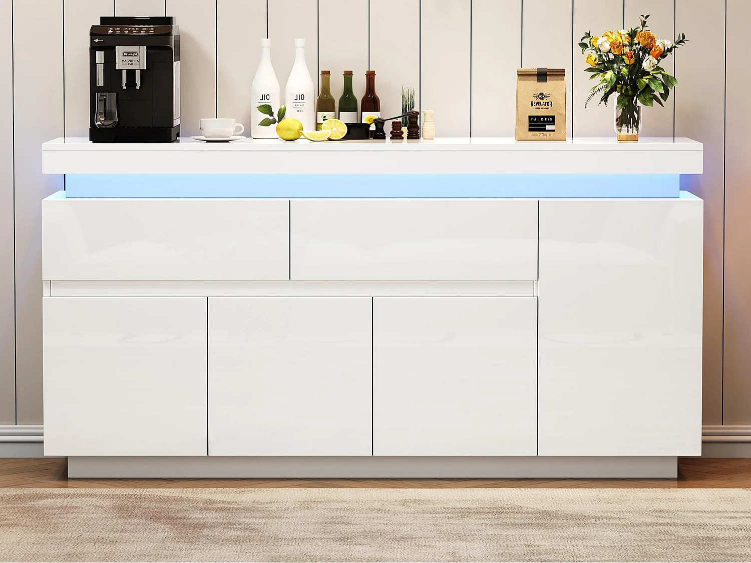 Buffet 140x35x72,5 cm - 2 gavetas e 4 portas - iluminação LED - painéis de partículas - branco